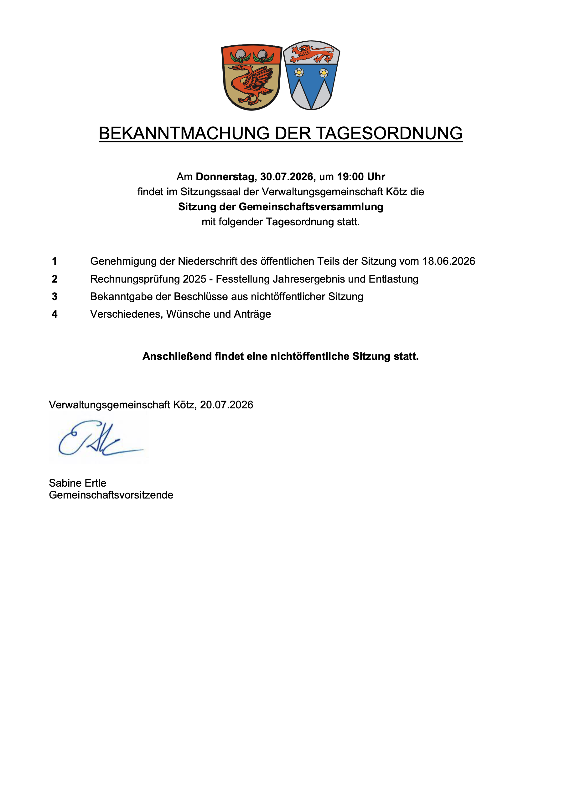 Sitzung der Verwaltungsgemeinschaft Kötz - Bekanntmachung der Tagesordnung