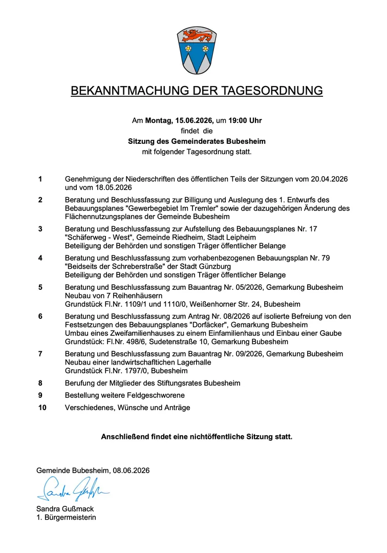 Tagesordnung Gemeinderatssitzung Bubesheim