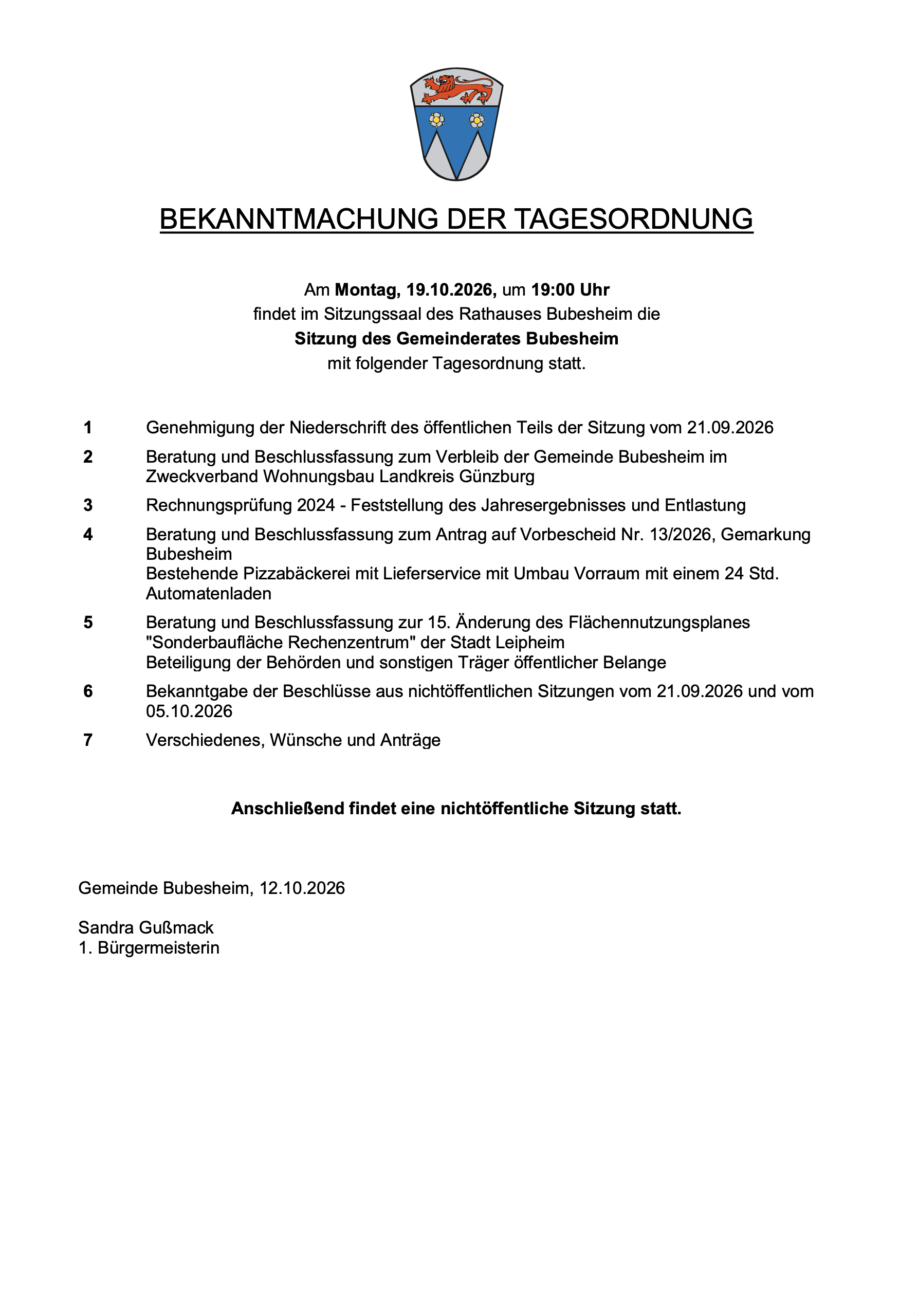 Sitzung des Gemeinderates Bubesheim