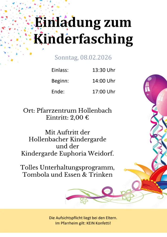 Kinderfasching am 08.02.2026 im Pfarrheim Hollenbach