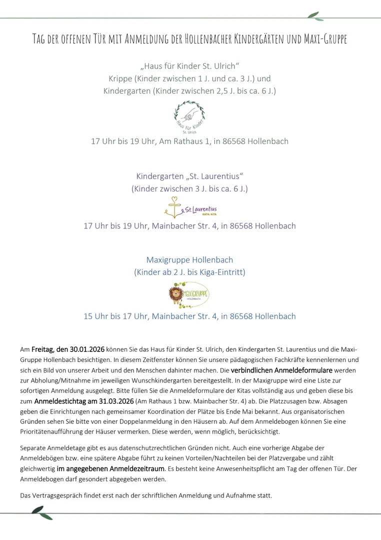 Einladung zum Tag der offenen Tür der Hollenbacher Kindergärten und der Maxigruppe