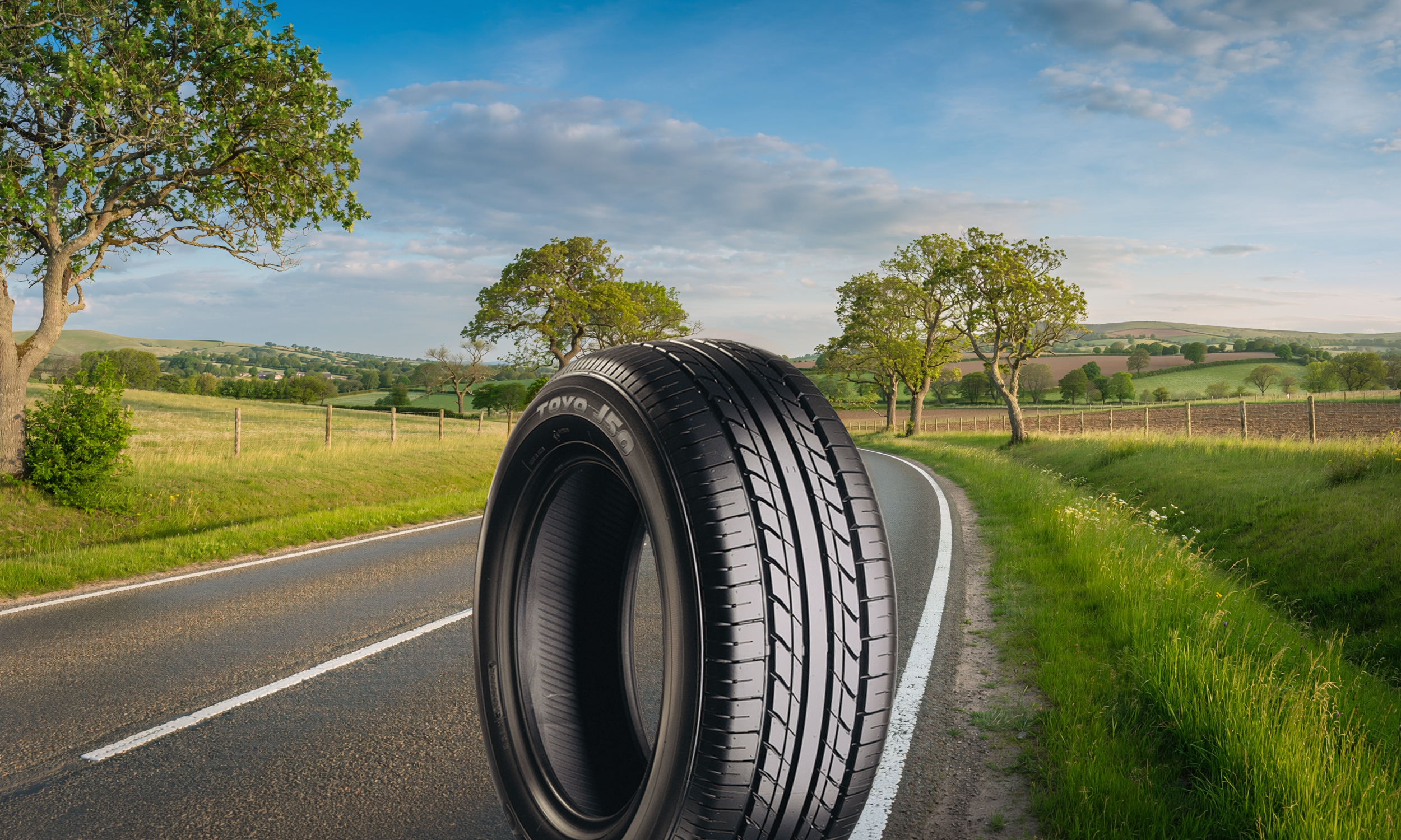 A single toyo original equipment summer tire toyo J50 standing on a summer street
