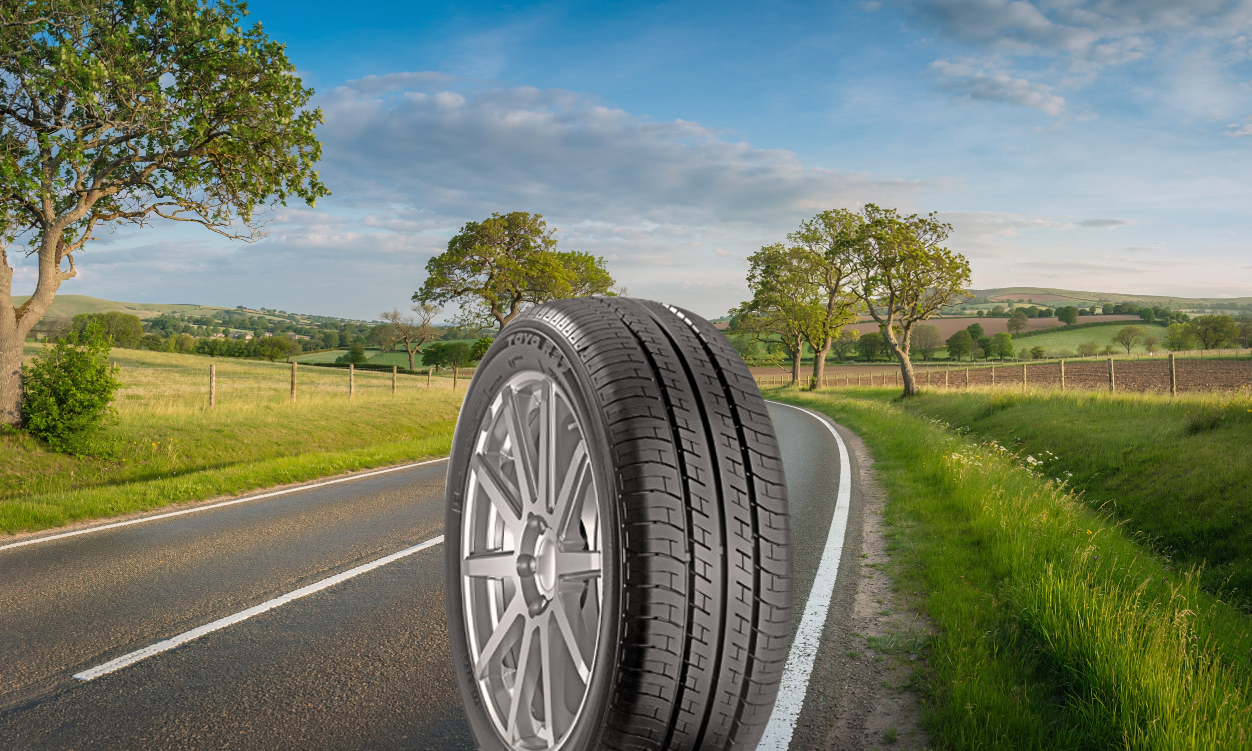 a single toyo original equipment tire toyo R27F standing on a summer street