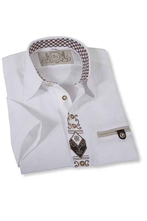 Trachtenhemd Landhaus in Leinen weiß Kurzarm mit Stickerei