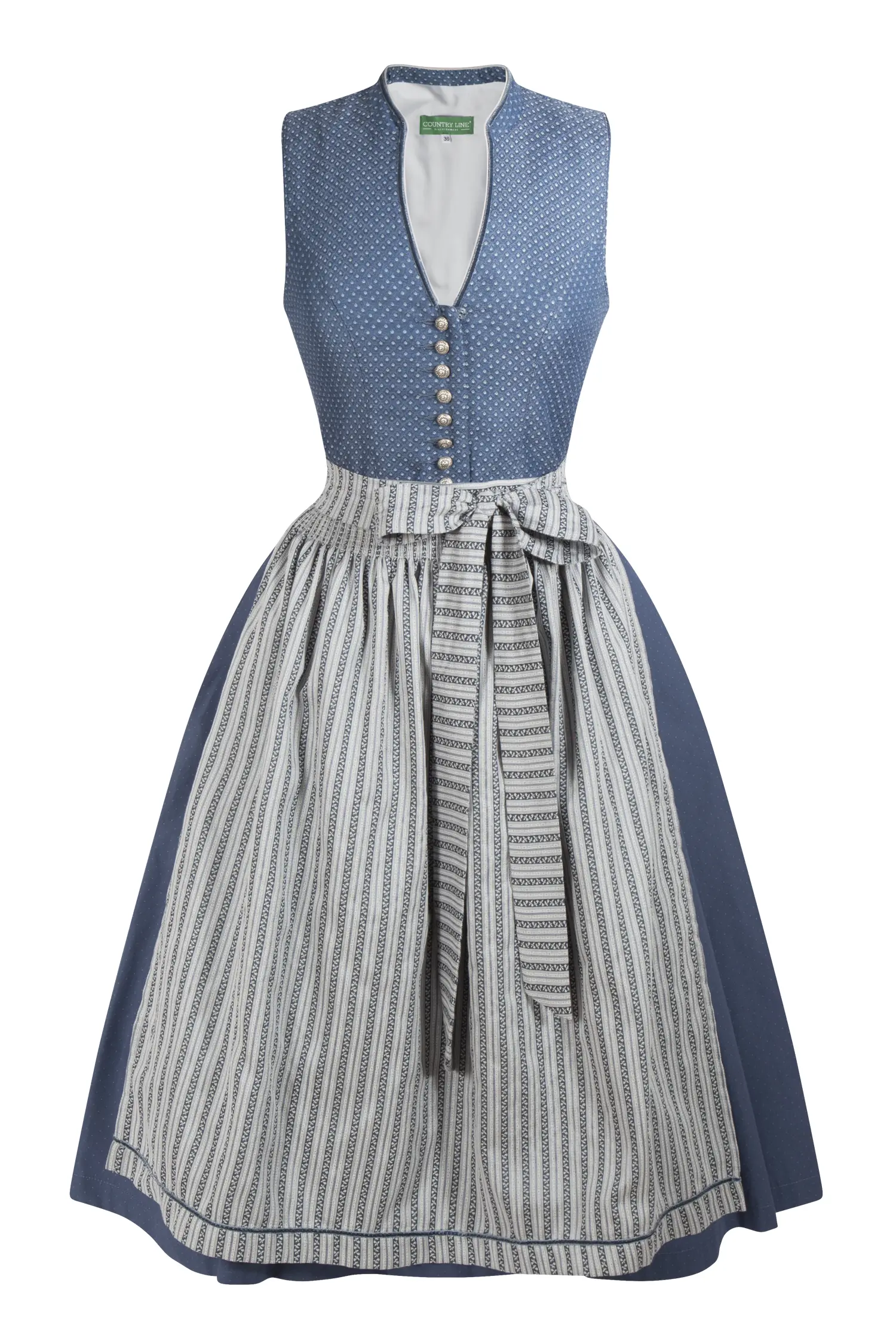 3098-0329-BL8-23-05-e7363 Dirndl in blau/grau mit auffälliger Schürze