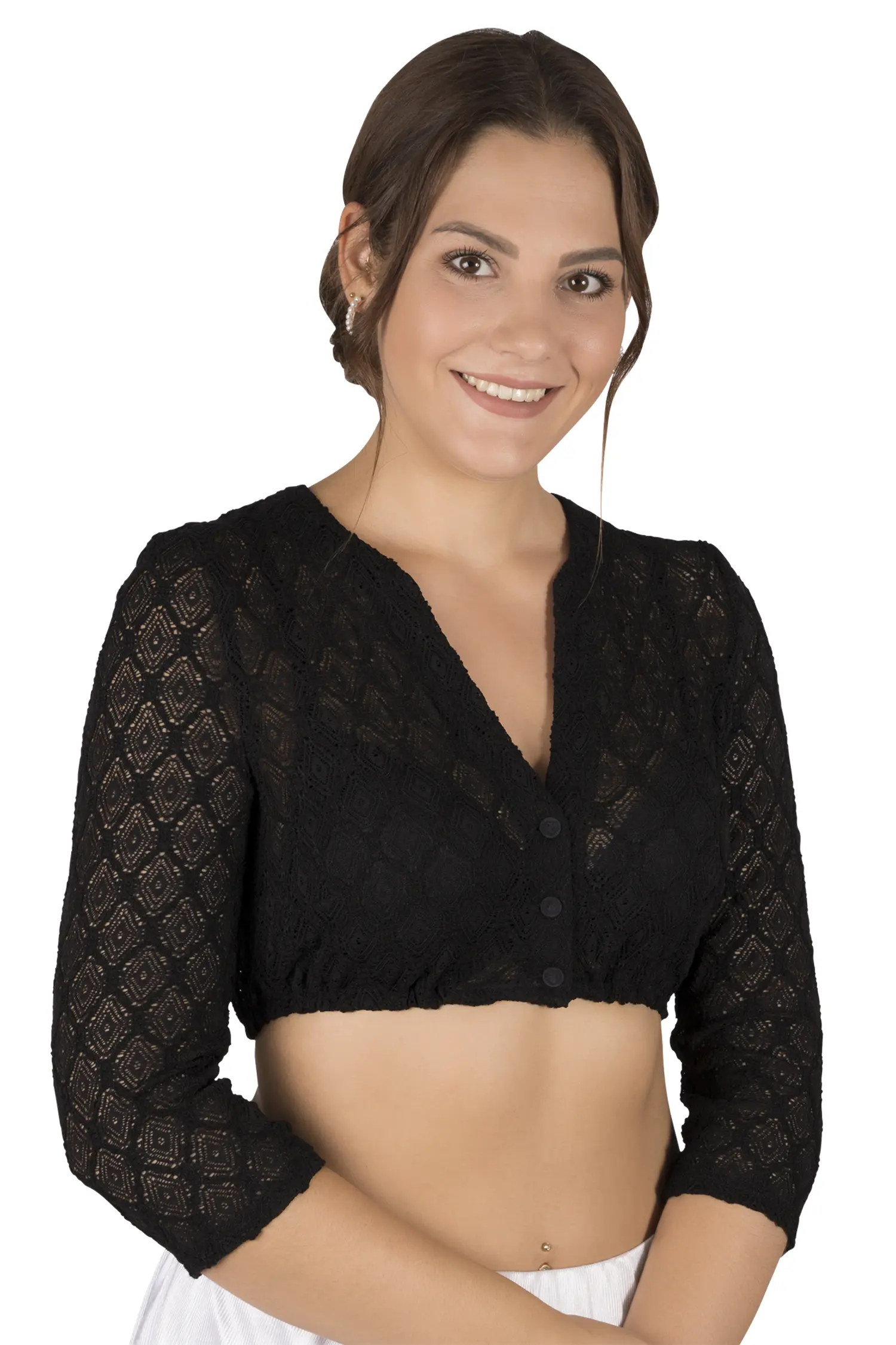 Stretch-Dirndlbluse in schwarz mit V-Ausschnitt