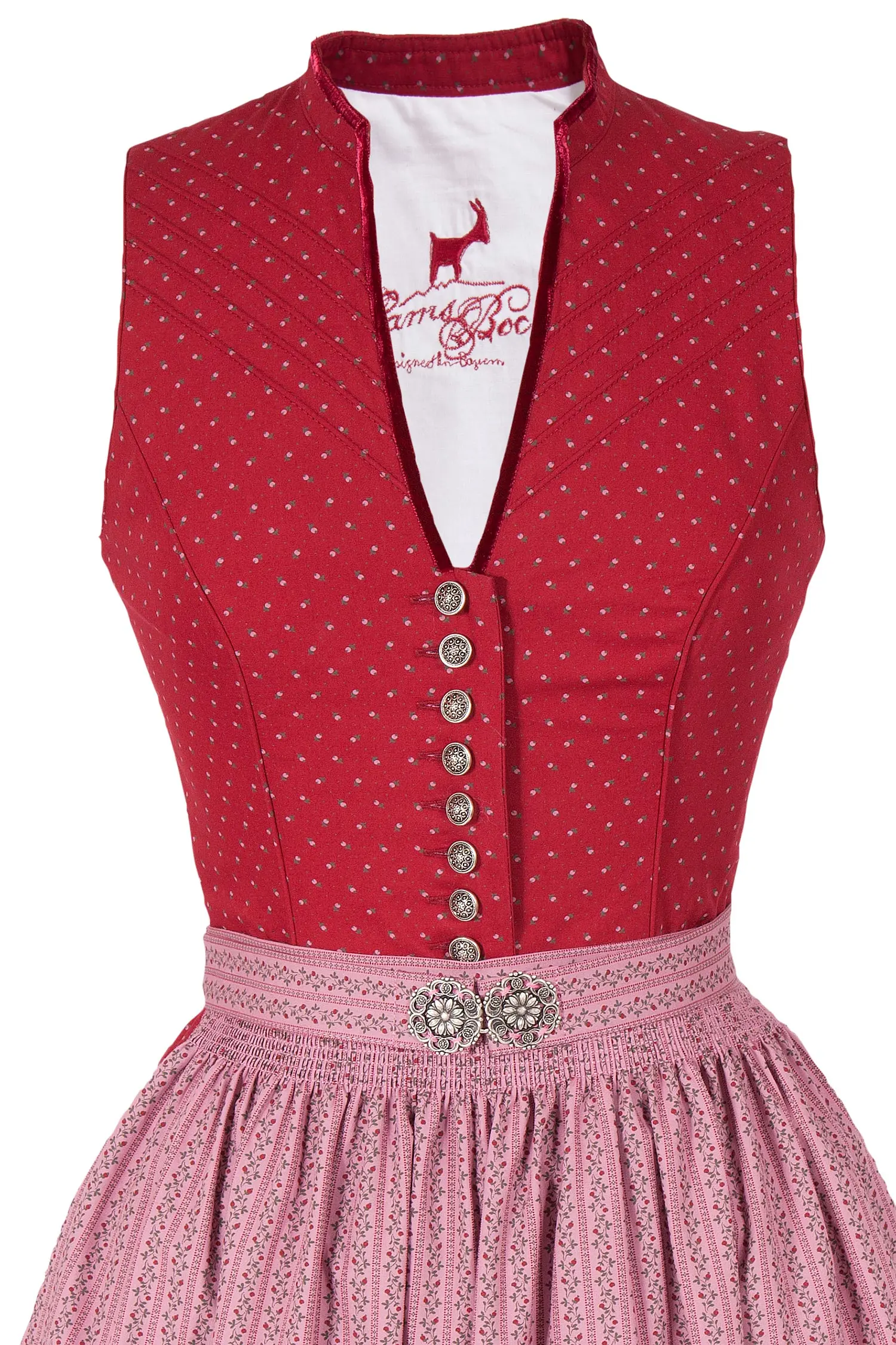 Midi Dirndl Ulrike hochgeschlossen in rot und altrosa Mieder