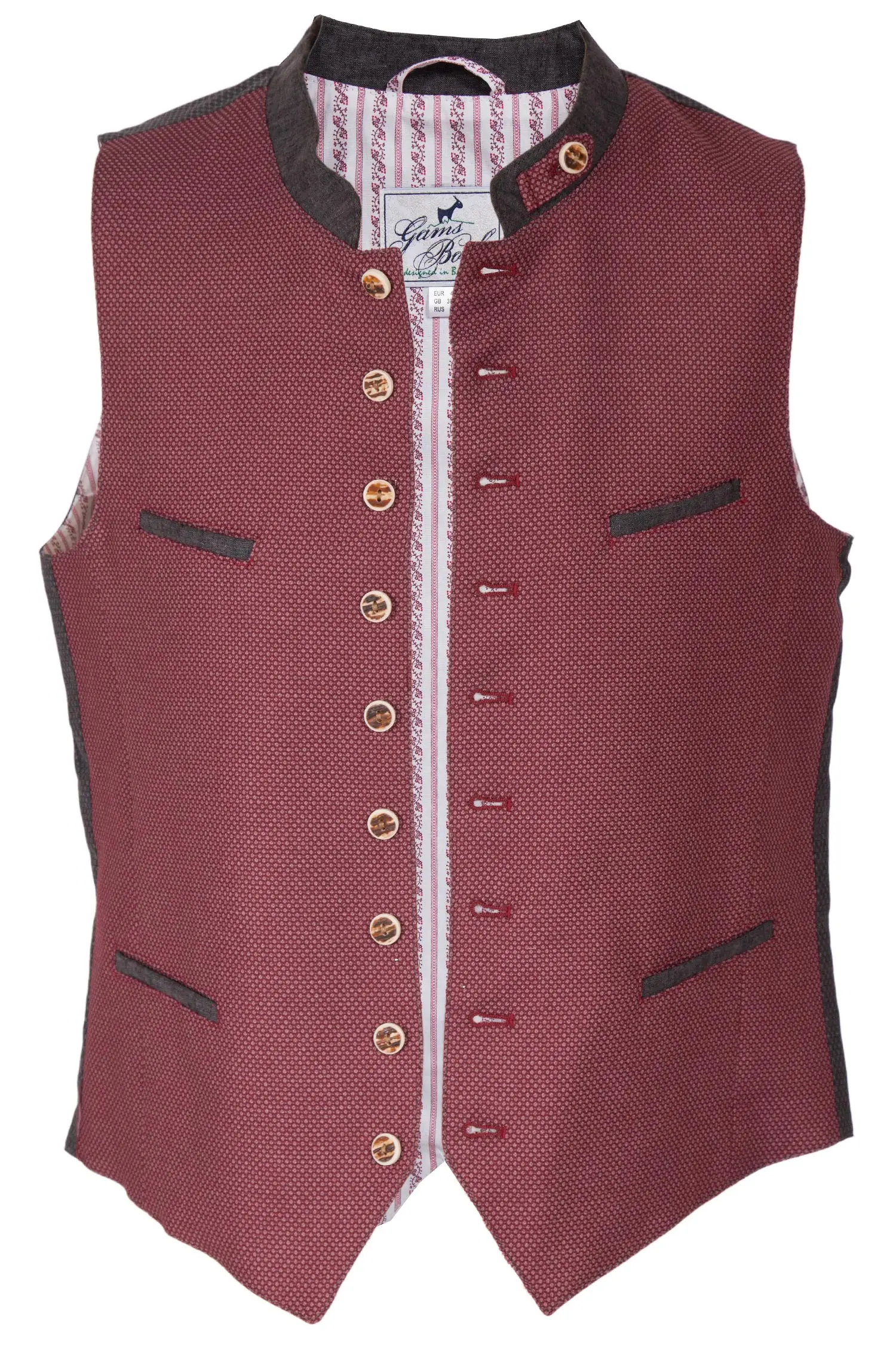 trachtenweste-bordeaux-1345-0080-rt8-20-01a-1885-a Trachtenweste in bordeaux aus Webstoff mit Punkten