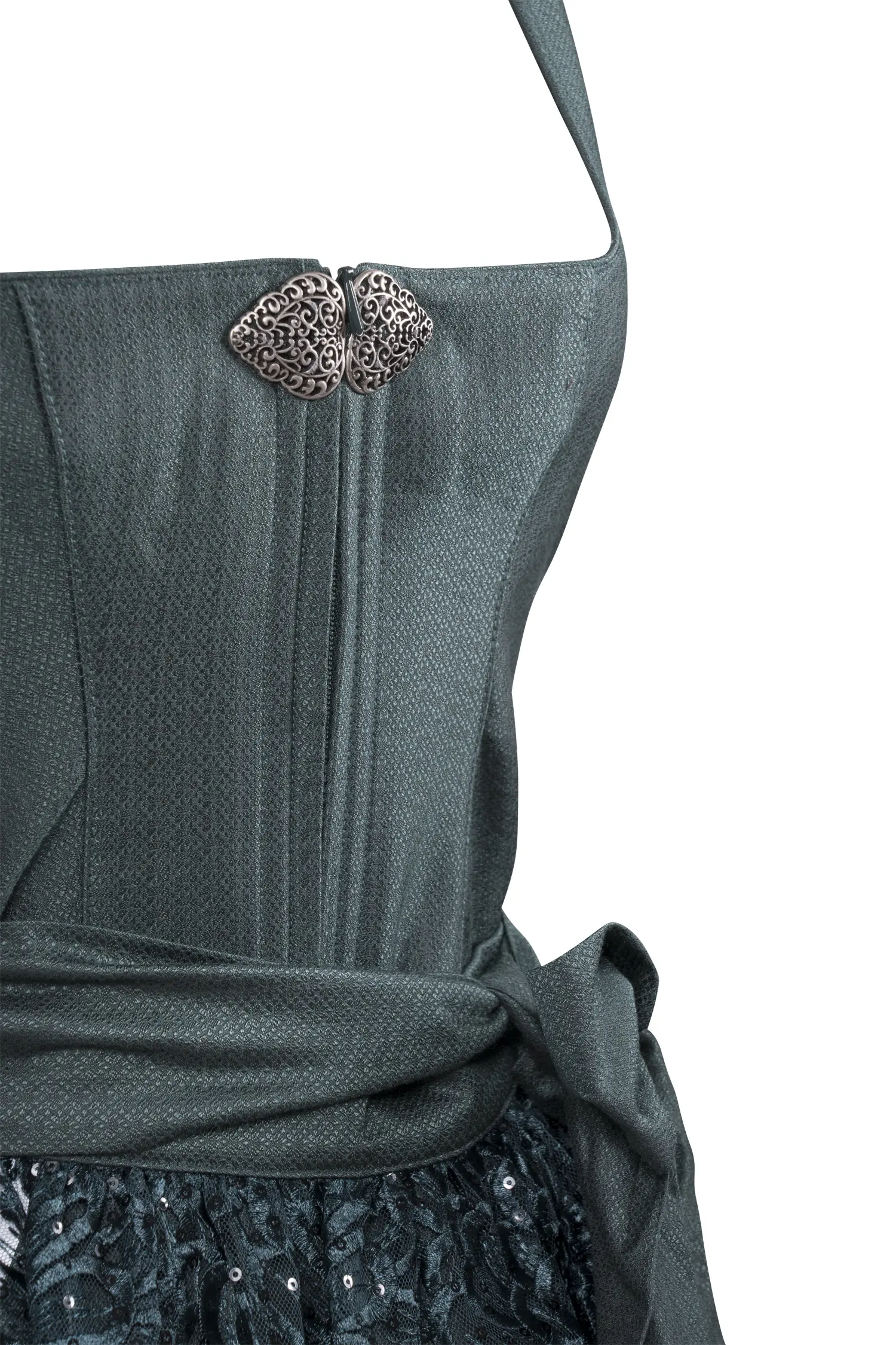 3096-0108-gn7-23-07-28-00694 Dirndl Nadescha in dunkelgrün mit Glitzerschürze - Detail Mieder