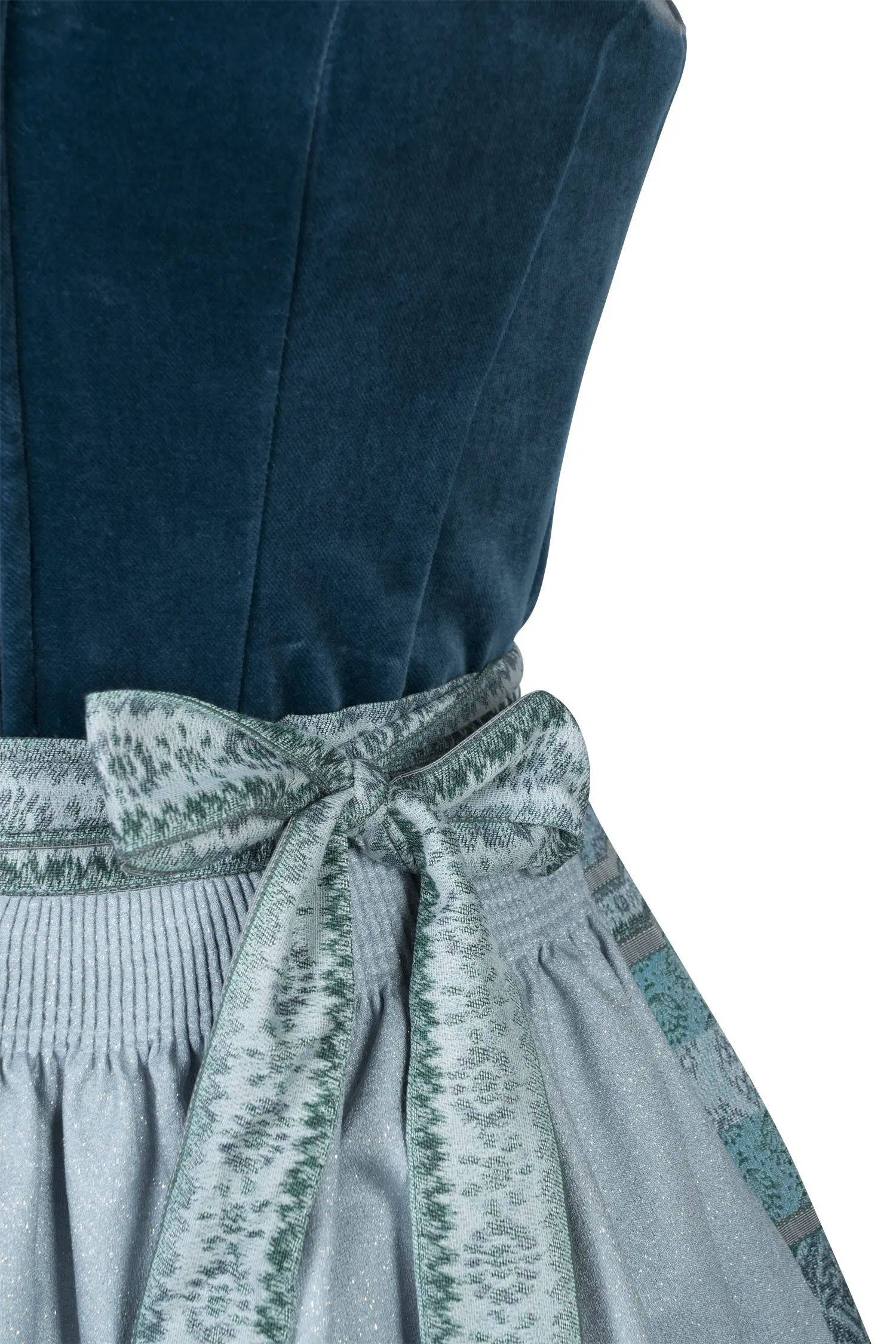 Samtdirndl in türkis mit Glitzerschürze - Detail Mieder