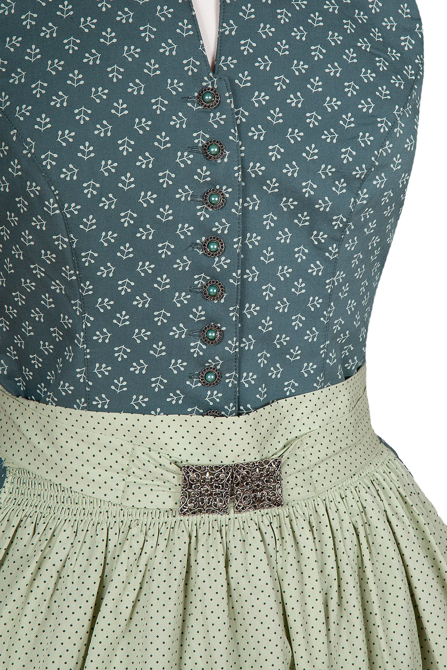 Dirndl hochgeschlossen in dunkelgrün mit hellgrüner Schürze - Detail Ausschnitt