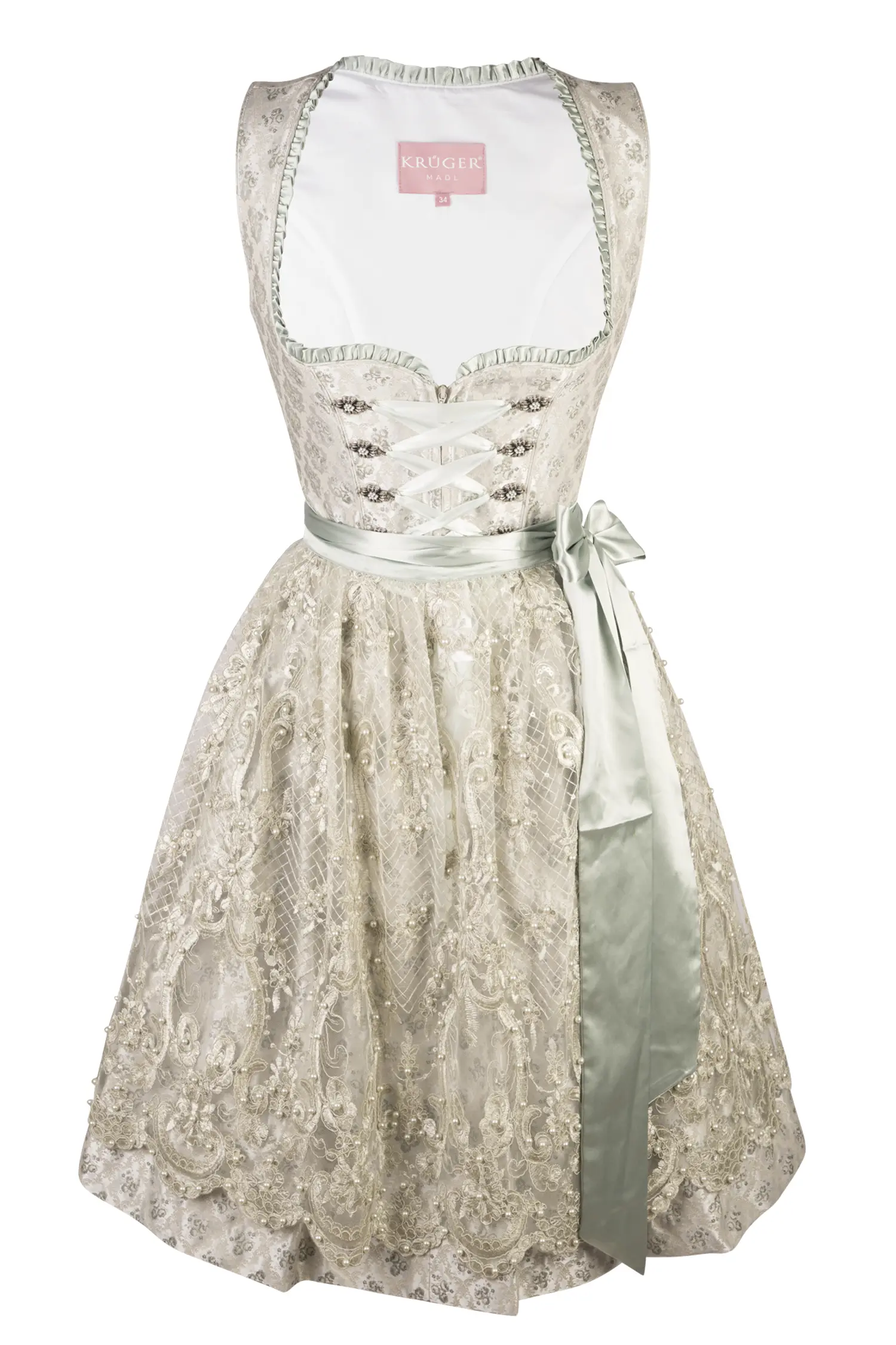 Dirndl Kalinda in silber / grün mit Netzschürze