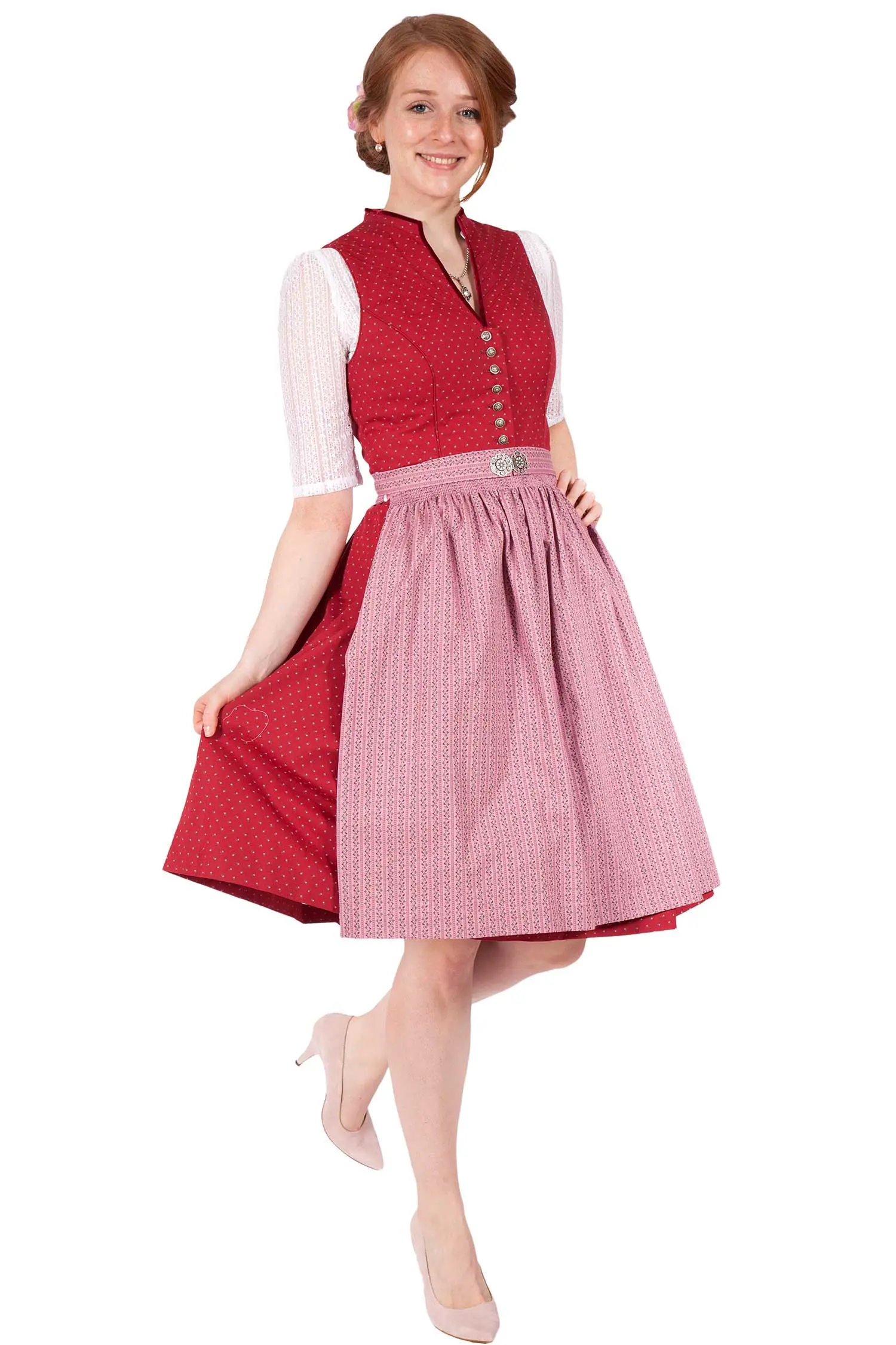 Midi Dirndl Ulrike hochgeschlossen in rot und altrosa Model 2
