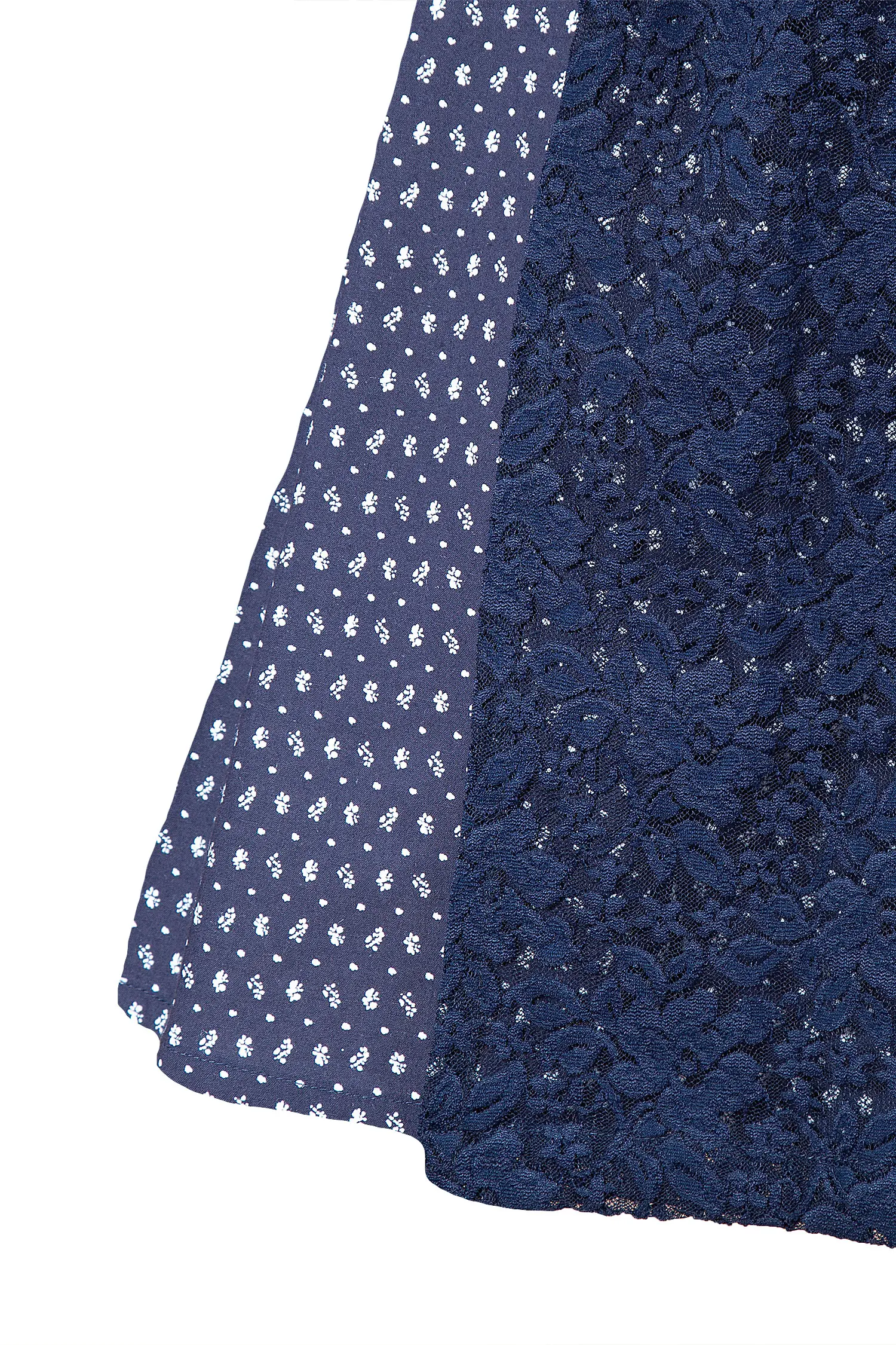 Samt Dirndl in blau mit Spitzenschürze - Detail Rock