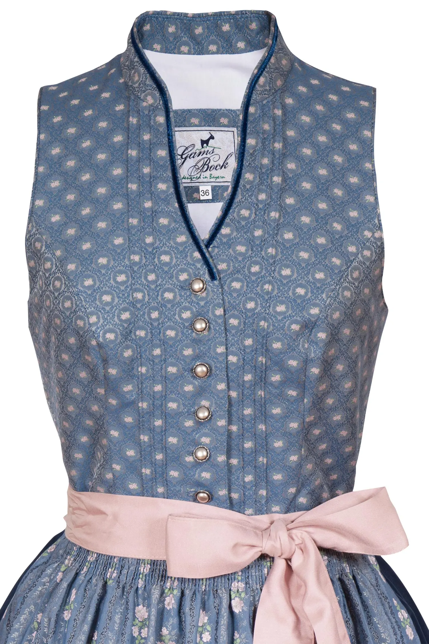 Midi Dirndl Viktoria blau rosa hochgeschlossen Mieder