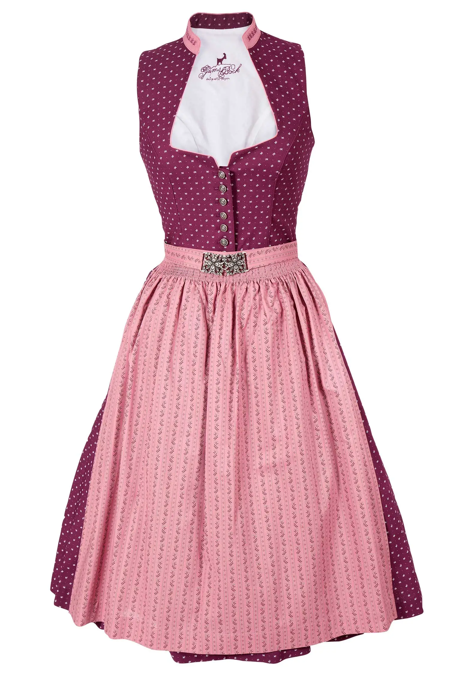 Midi Dirndl Iris in bordeaux und altrosa mit Stehkragen