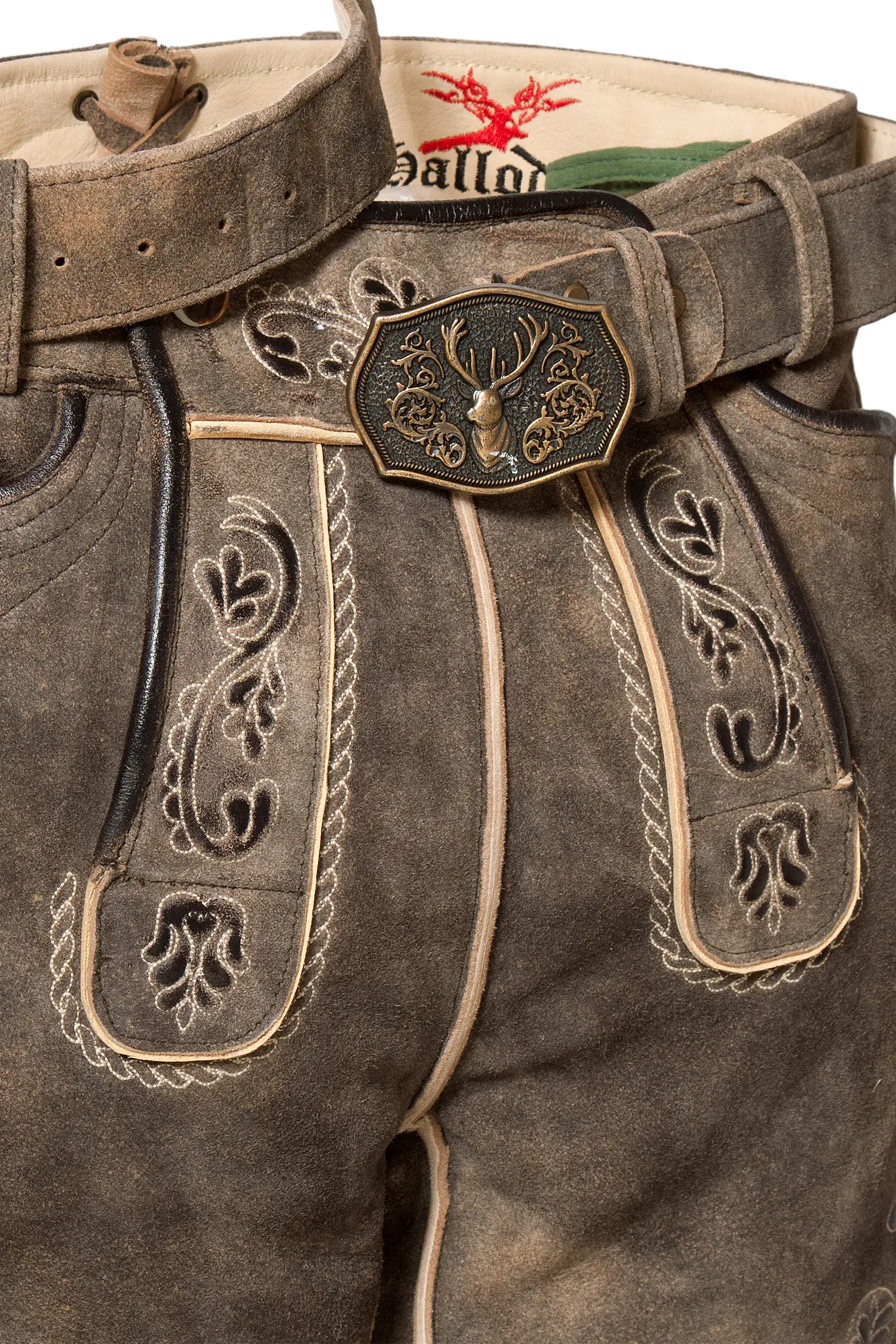 Trachten Lederhose kurz in braun mit Gürtel Latz