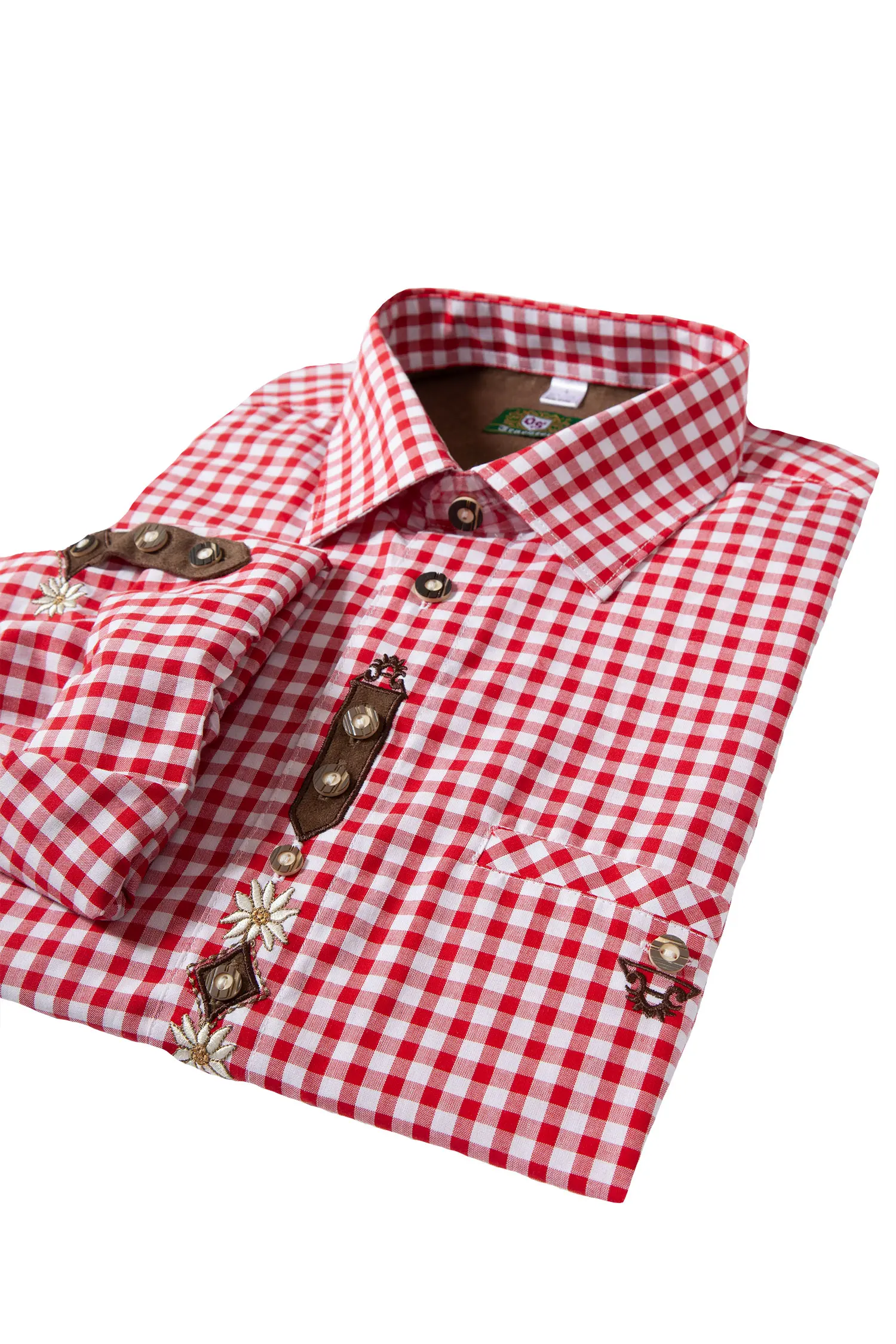 Trachtenhemd mittelrot kariert von OS Trachten mit Edelweiß-Applikation - Detail Ärmel