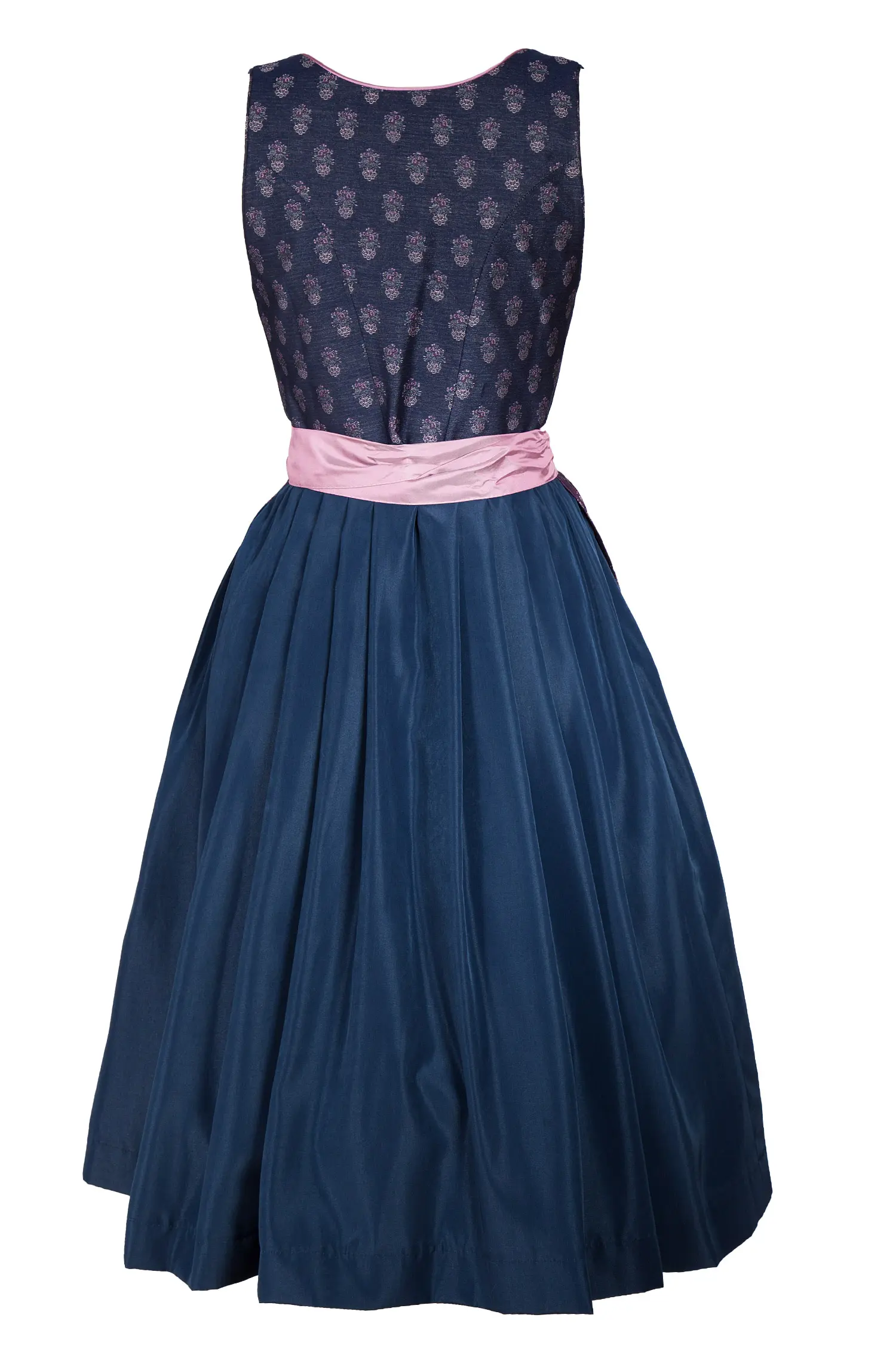 3096-0084-bl8-22-04c-0142 Midi Dirndl in dunkelblau und lila_Rückansicht