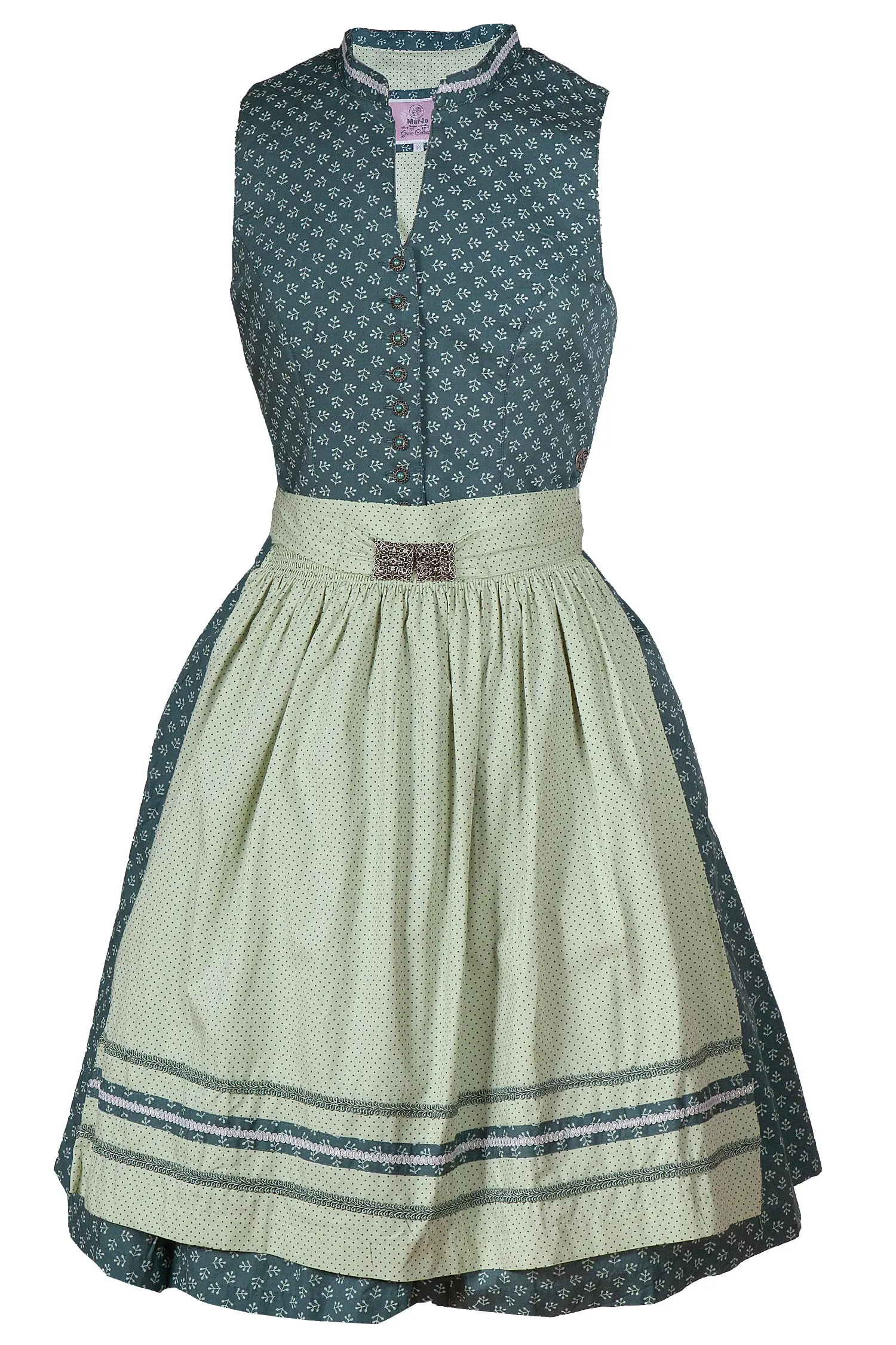 Dirndl hochgeschlossen in dunkelgrün mit hellgrüner Schürze