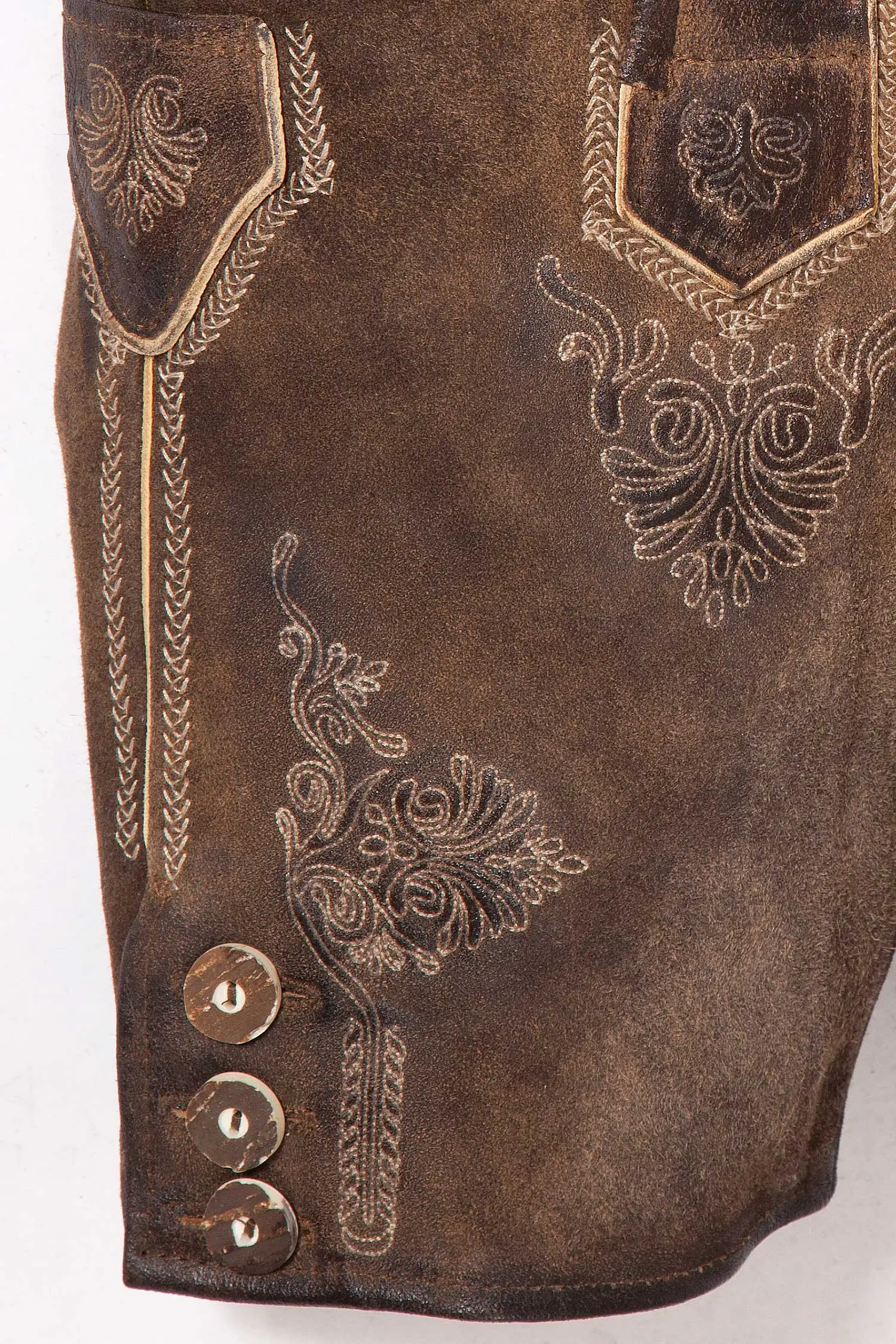 Kurze Lederhose für Kinder in braun antik Detail