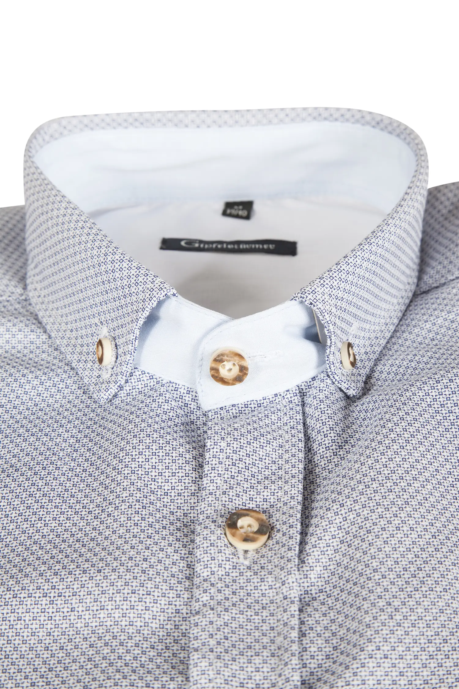 Trachtenhemd in hellblau mit dunkelblauem Muster - Detail Kragen