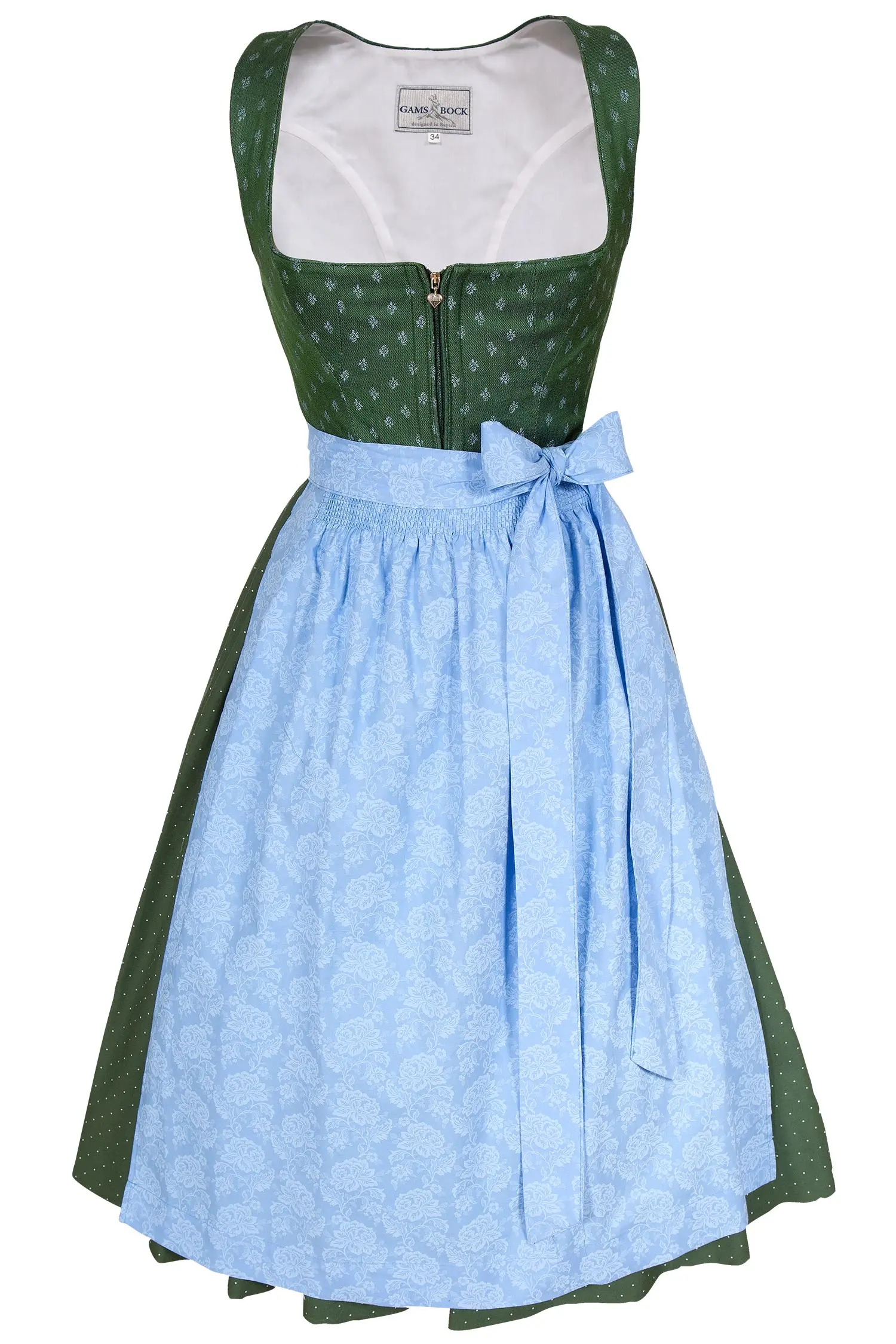 Leinen Dirndl Regina in grün mit blauer Schürze