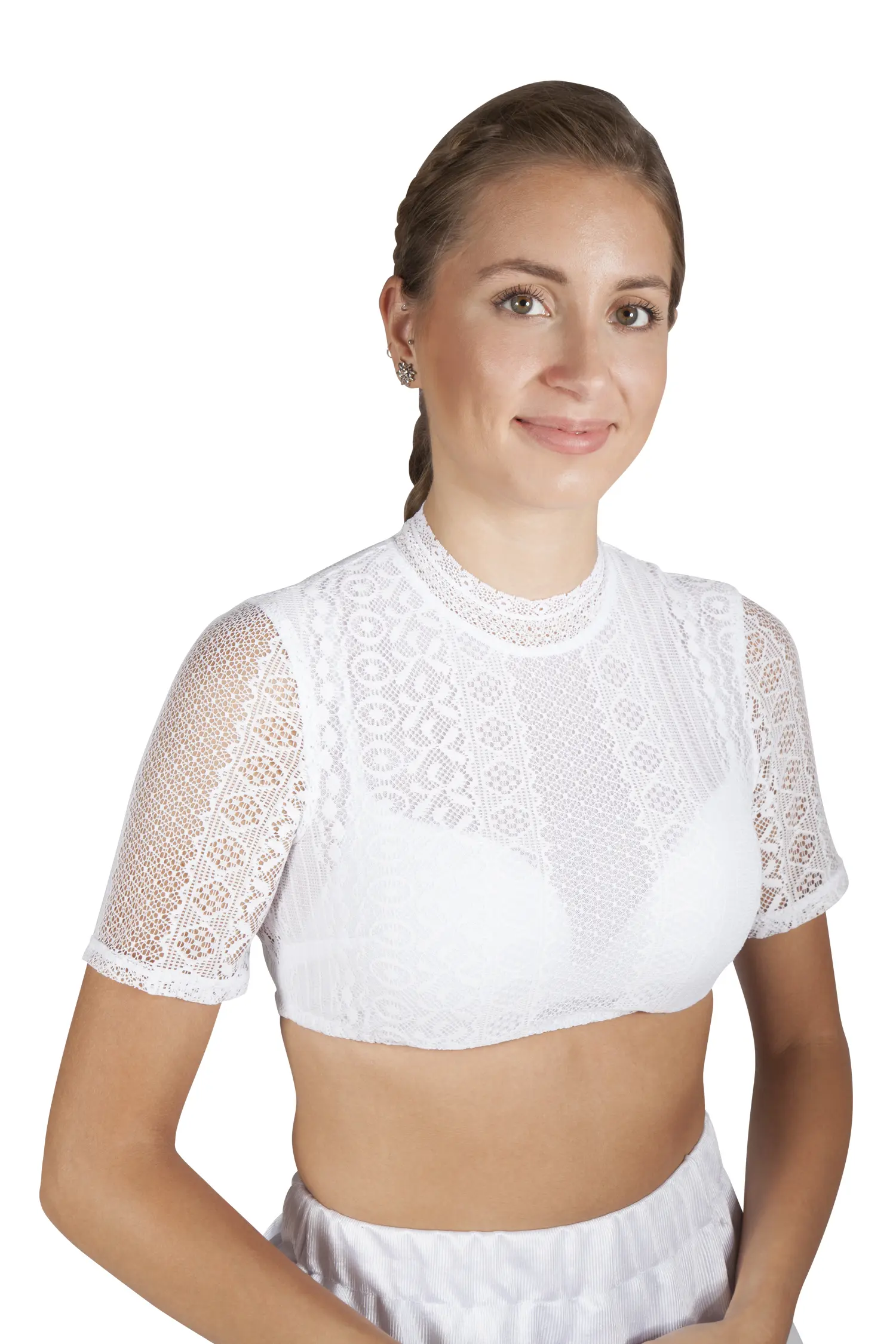 Dirndlbluse hochgeschlossen aus Spitze in weiß