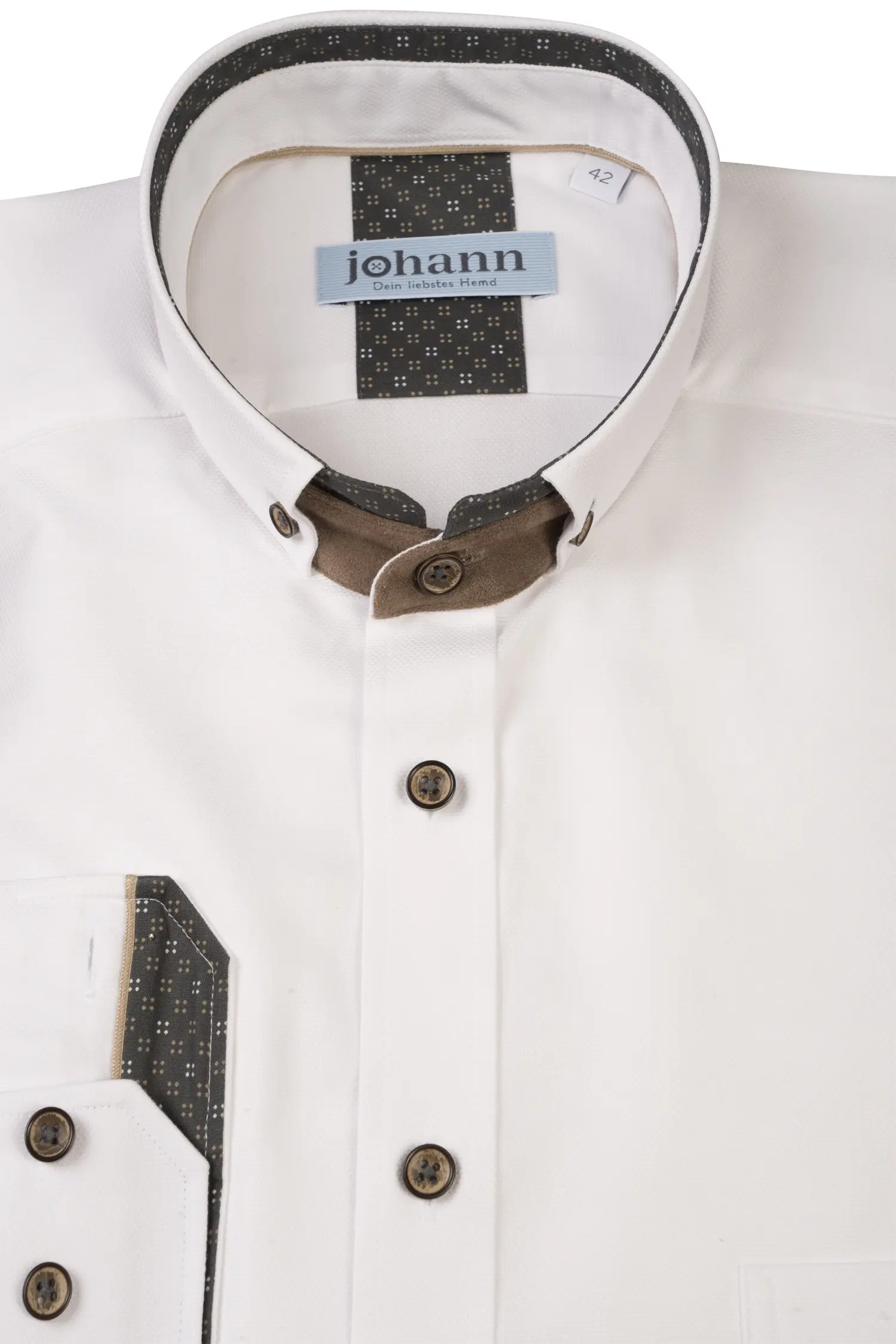 Oxford Trachtenhemd weiß mit braun / grauen Akzenten - Detail Kragen