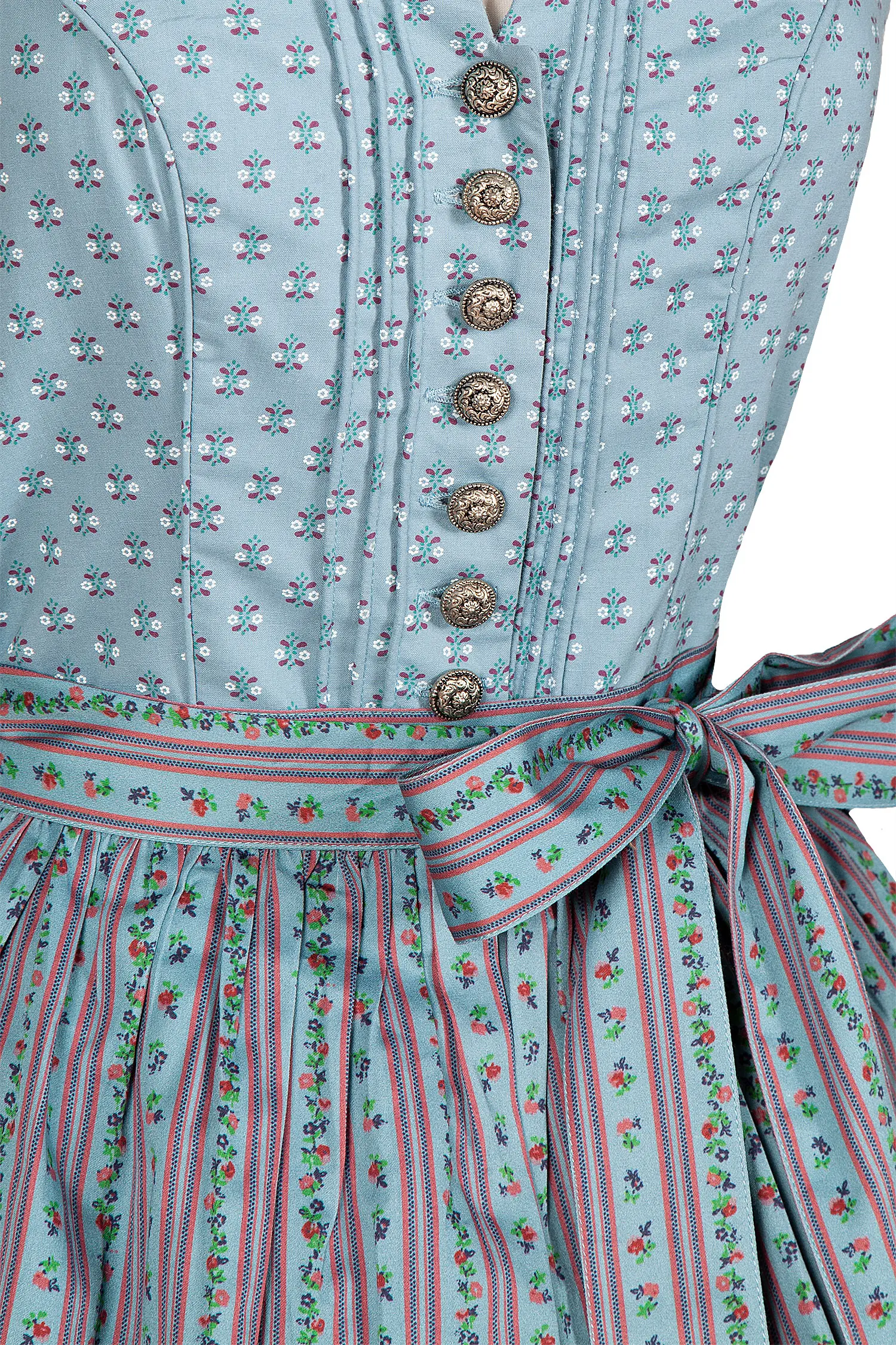 Hochgeschlossenes Dirndl in rauchblau - Detail Mieder