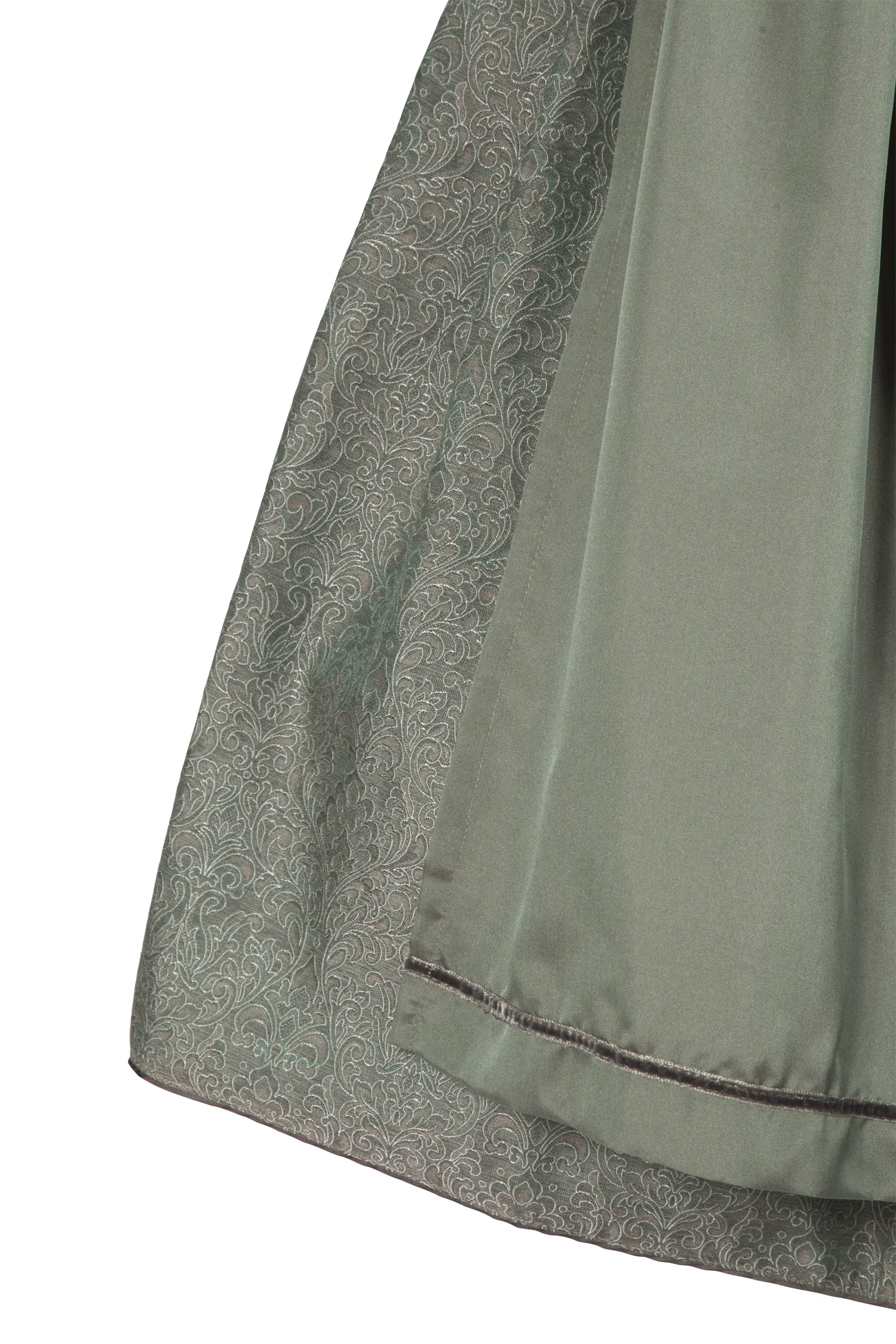 Extravagantes Schimmer-Dirndl in oliv - Detail Rock