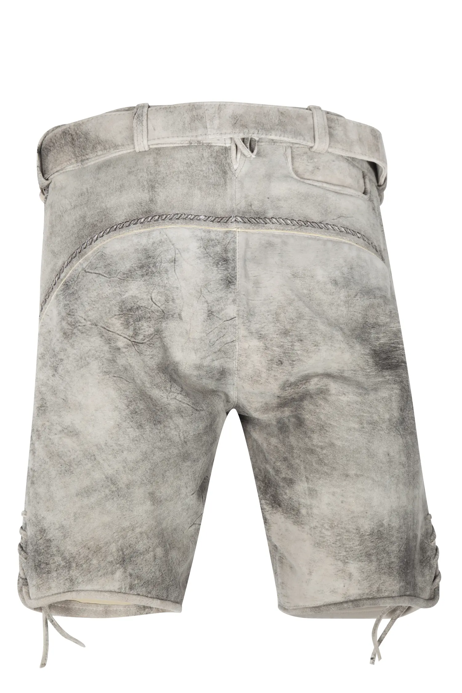 1613-1077-2br-23-07b-1202 Kurze Lederhose Billfried in grau mit brauner Stickerei - Rückansicht