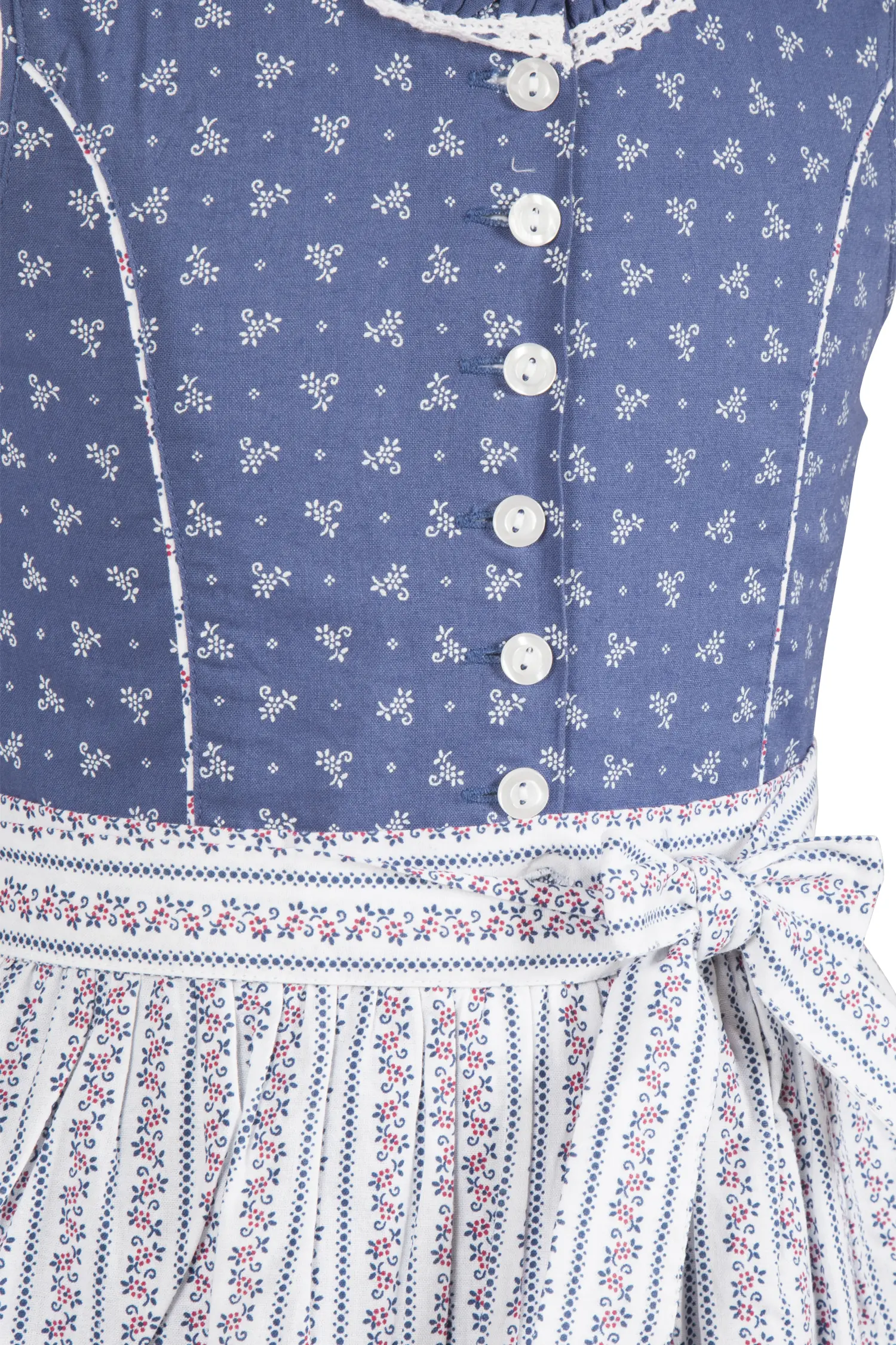 Kinderdirndl in blau mit Bluse und Schürze - Detail Mieder