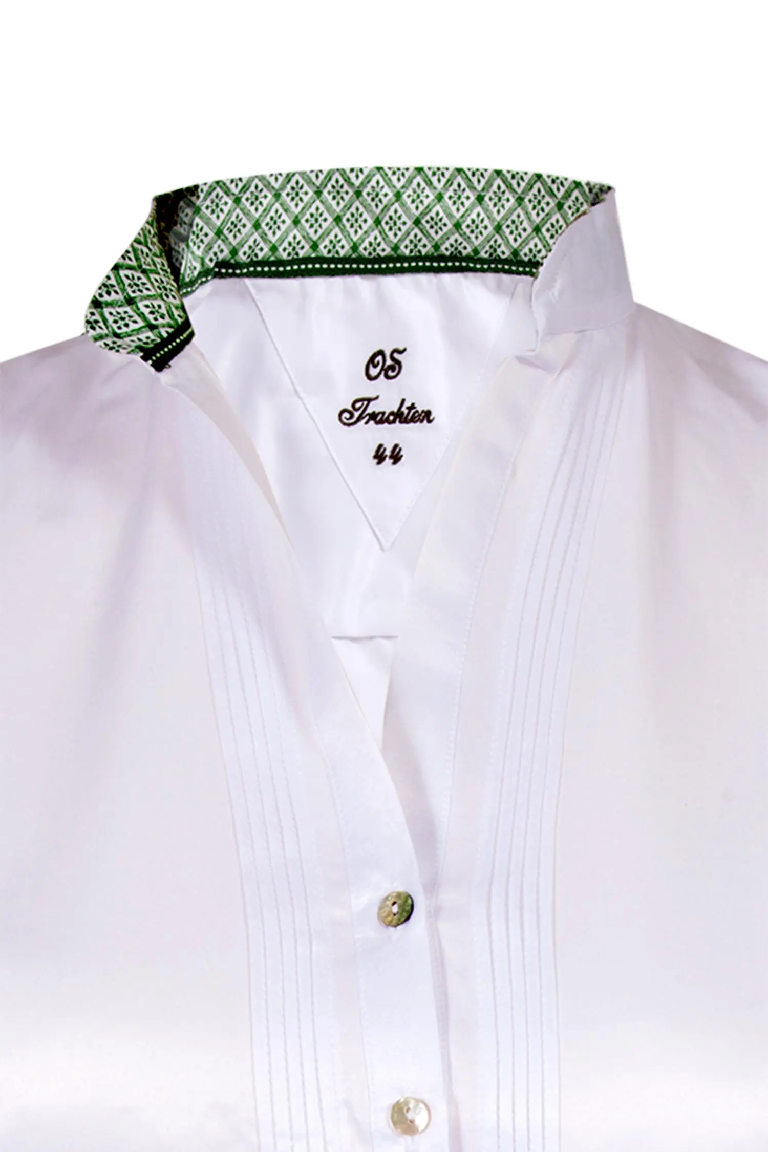 Trachtenbluse in weiß mit langen Ärmeln und grünen Details Kragen