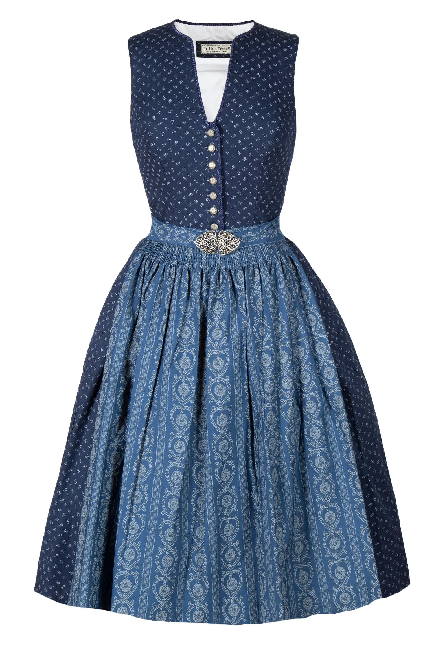 3091-1526-BL8-23-04f-5998a Hochgeschlossenes Dirndl in dunkelblau mit Schließe