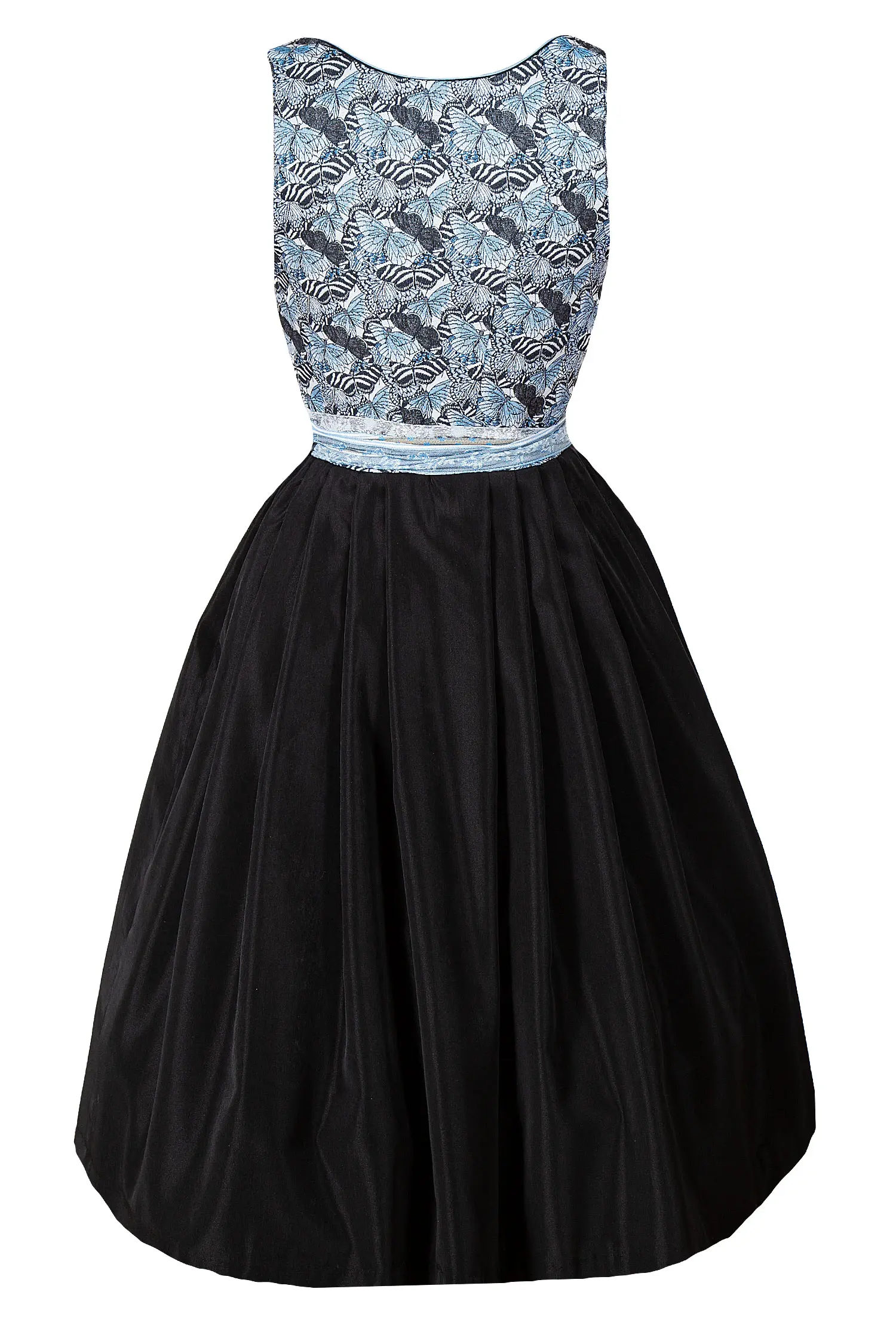 3097-1737-bl7-23-03e-5162d Dirndl Rosi mit ausgefallenem Mieder blau/schwarz - Rückansicht