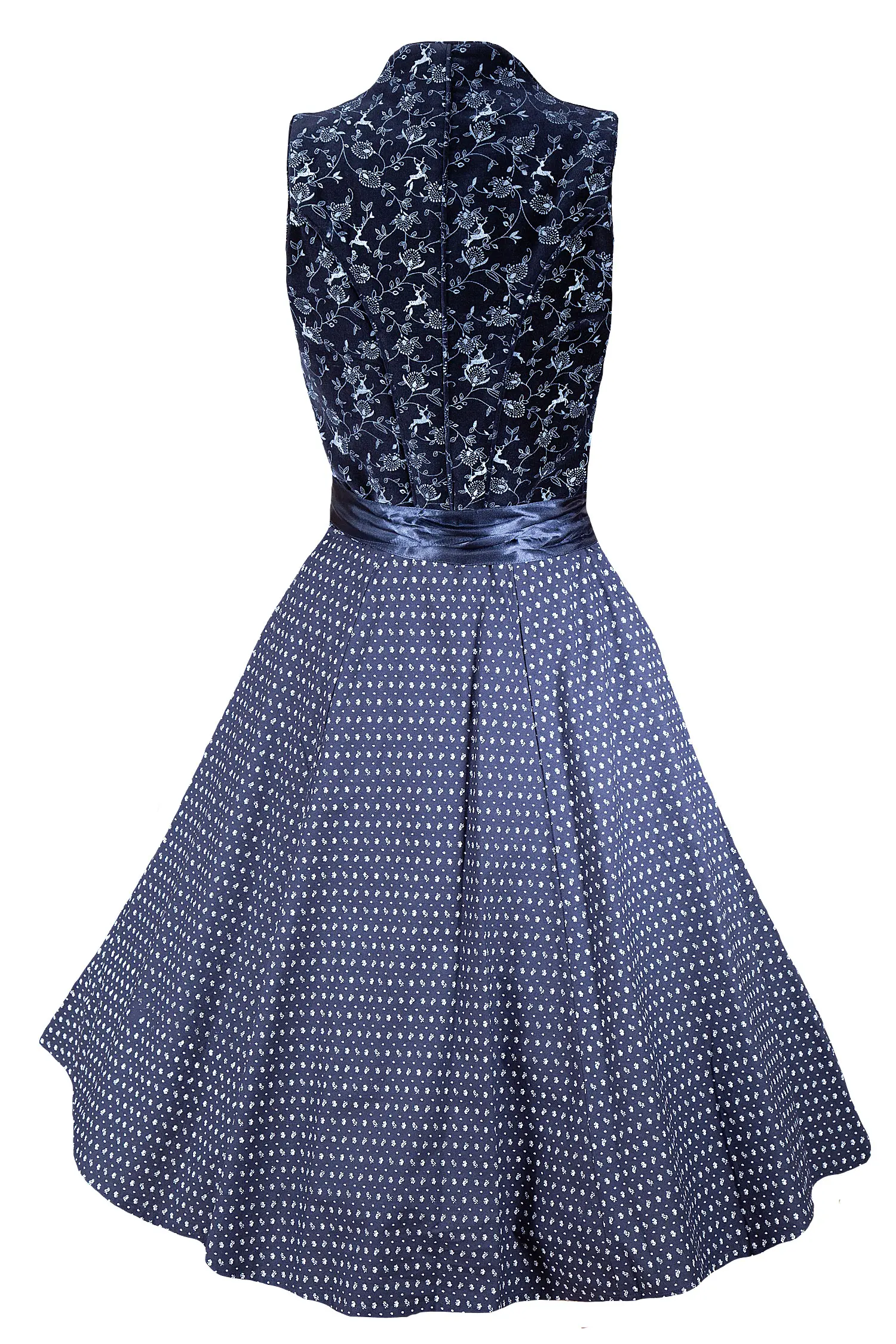 Samt Dirndl in blau mit Spitzenschürze - Rückansicht