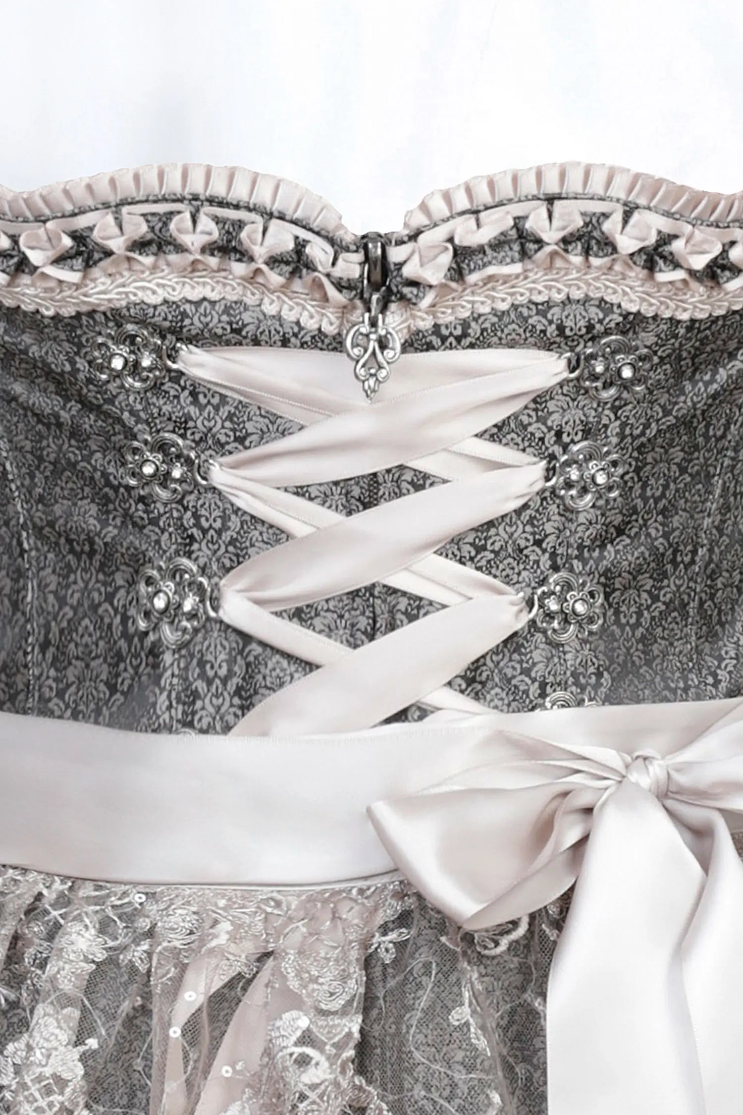 Dirndl Benita in anthrazit / taupe mit Glitzerschürze 60 cm - Detail Mieder