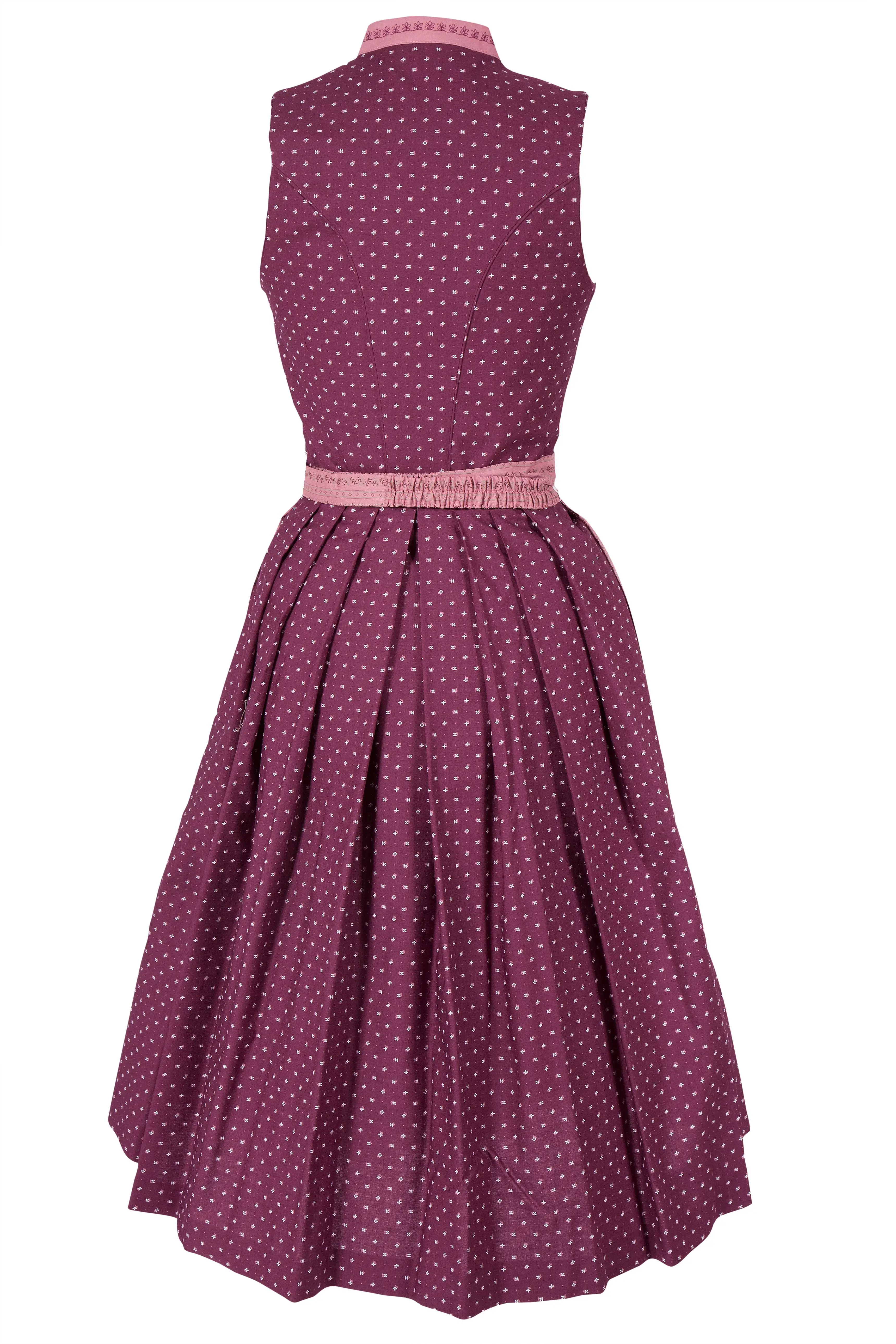 Midi Dirndl Iris in bordeaux und altrosa mit Stehkragen hinten