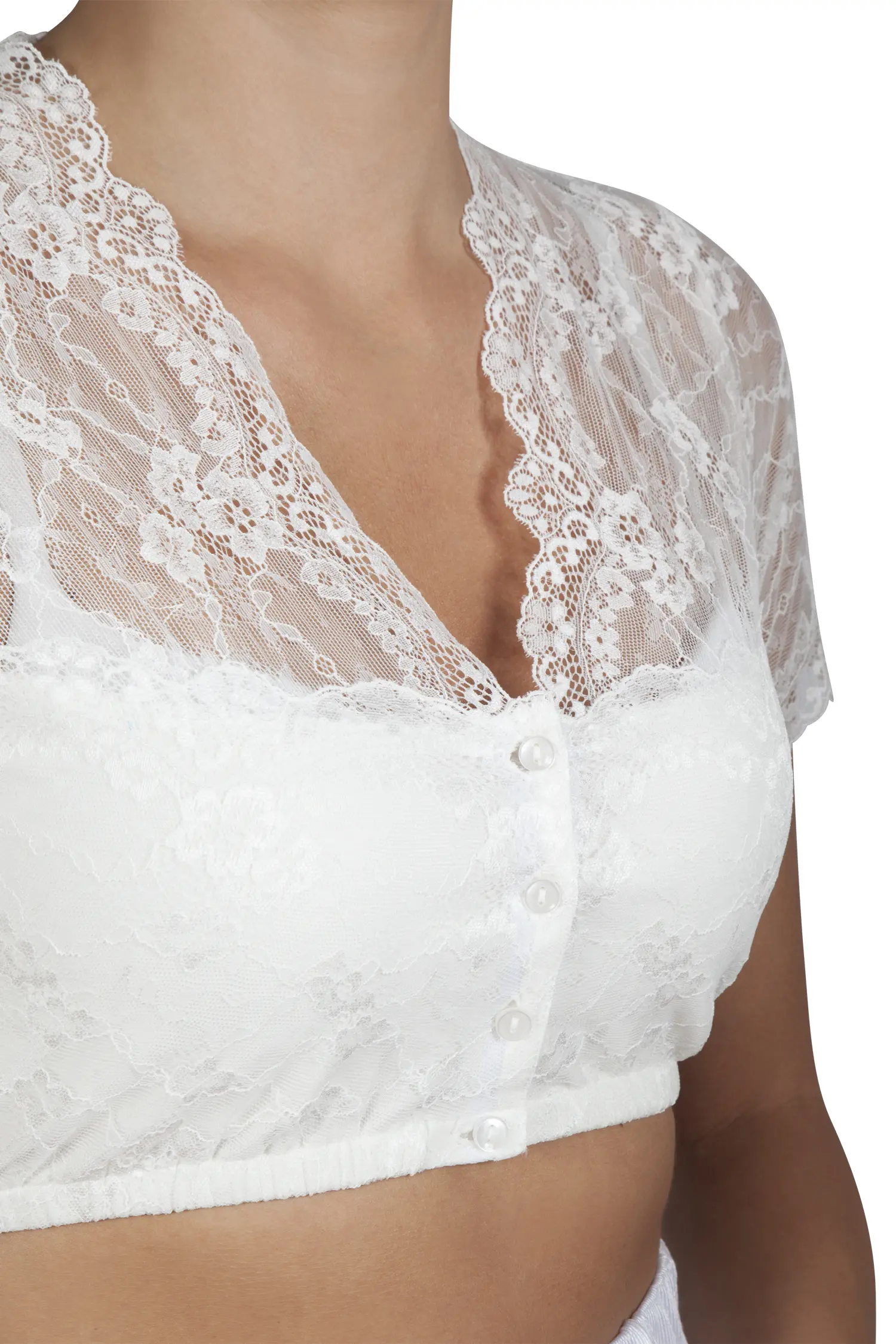 Feine Spitzenbluse in off white mit V-Ausschnitt - Detail Ausschnitt