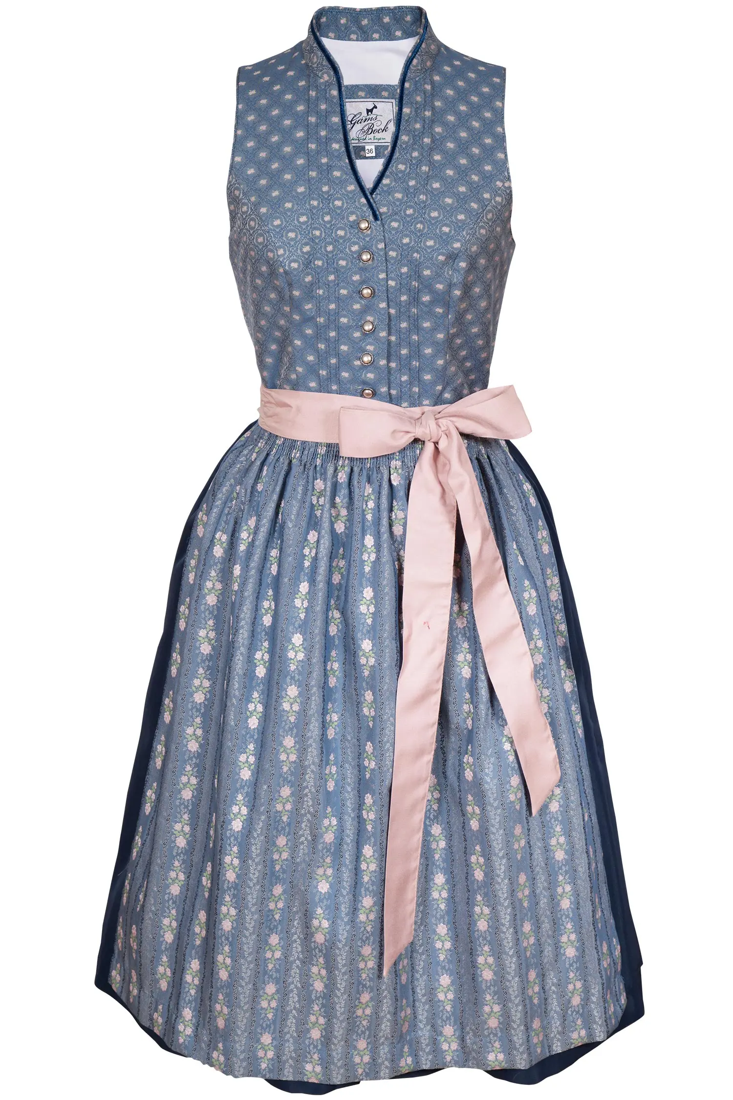 Midi Dirndl Viktoria blau rosa hochgeschlossen