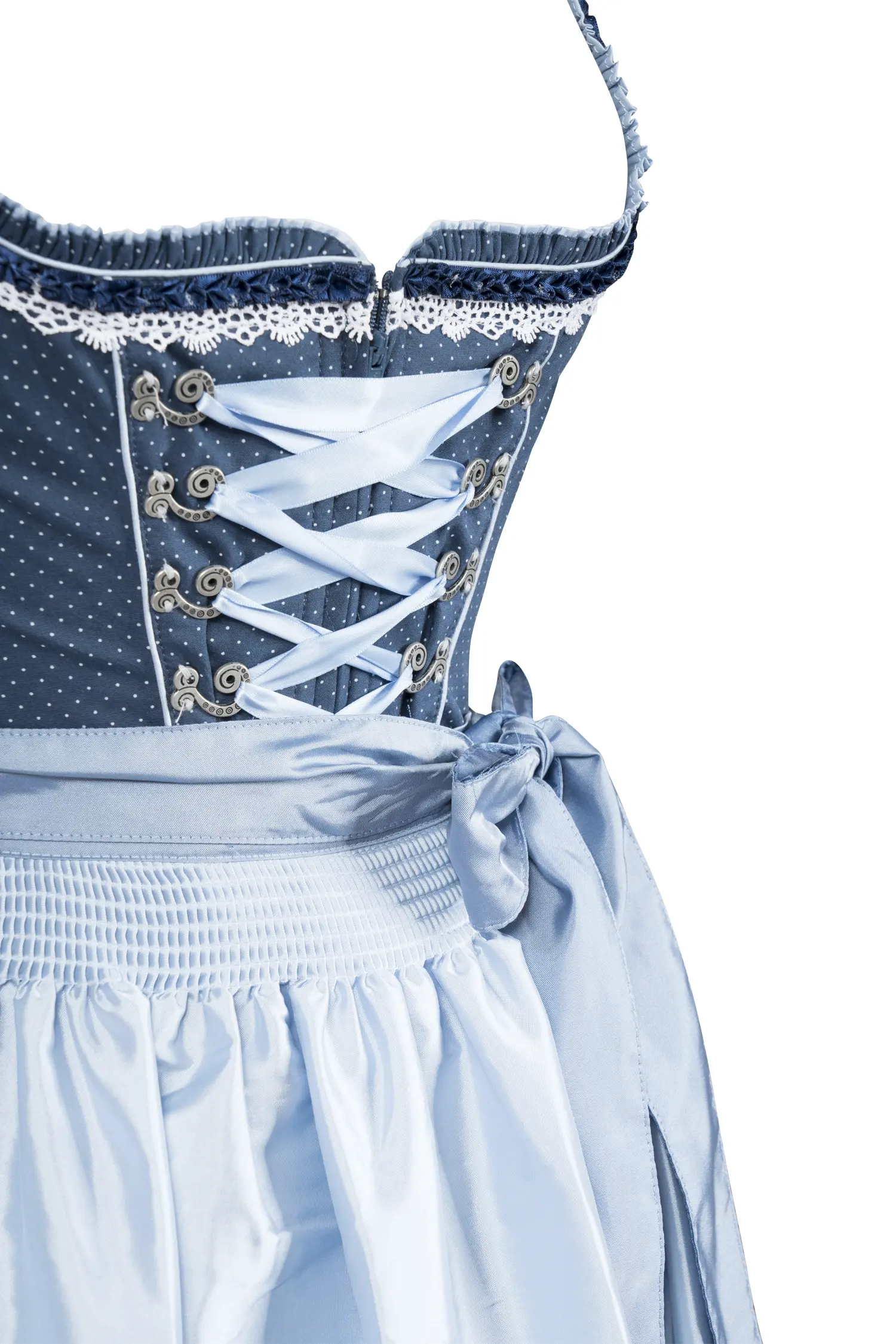 3061-0164-bl7-23-07d-00664 Blaues Dirndl mit auffälliger Schürze - Detail Mieder