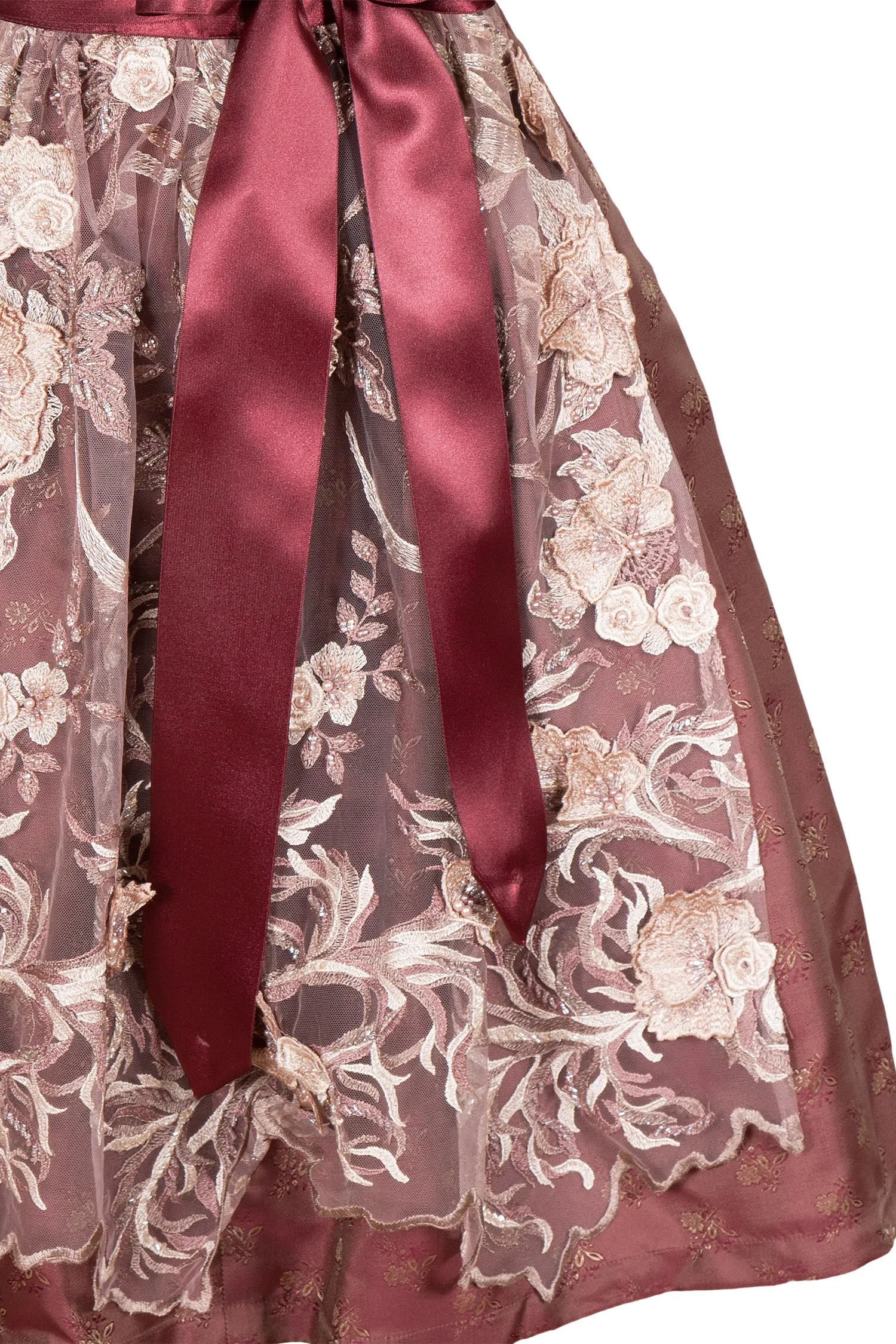 Tramontana Dirndl in bordeaux mit Spitzenschürze Detail