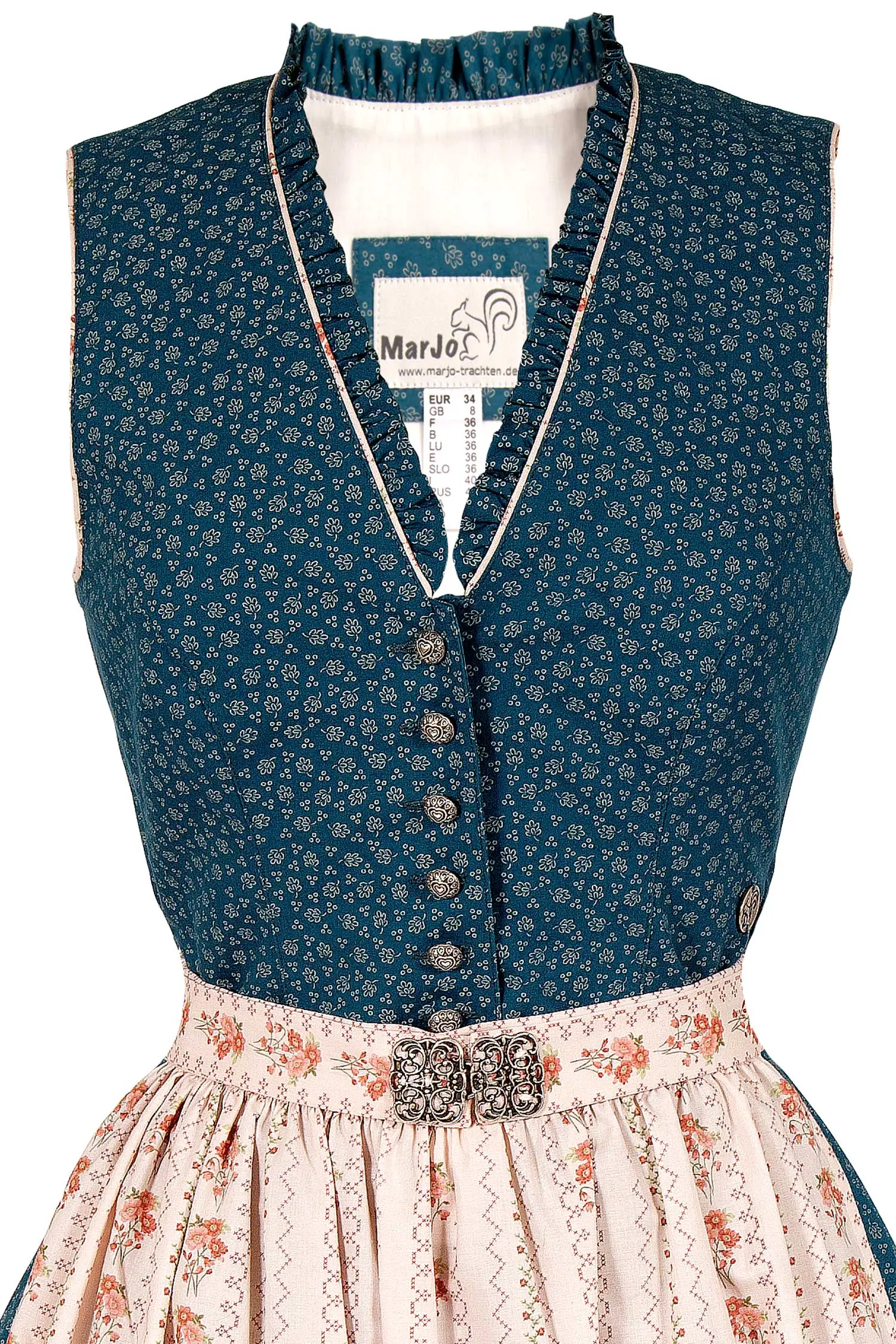 Midi Dirndl Dalena in Vintage blau hochgeschlossen Detail