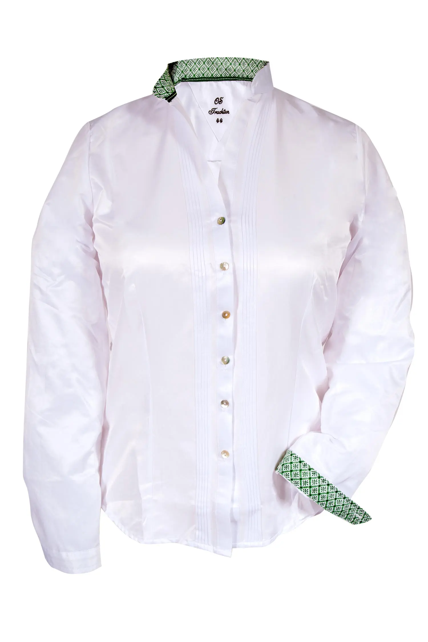 Trachtenbluse in weiß mit langen Ärmeln und grünen Details XXL