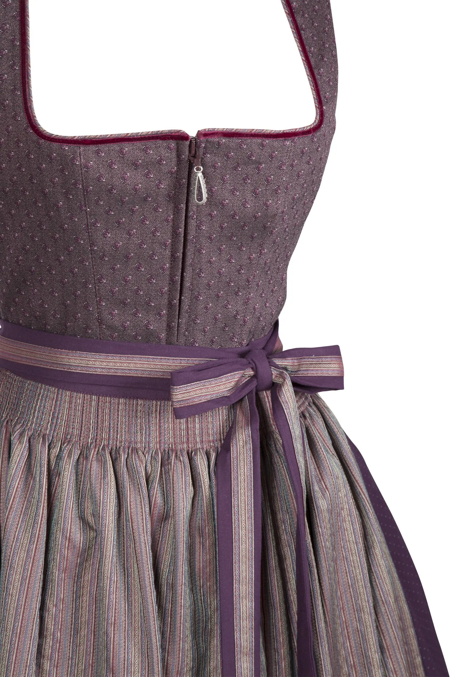 Stretchdirndl in bordeaux mit Schimmer-Schürze - Detail Mieder