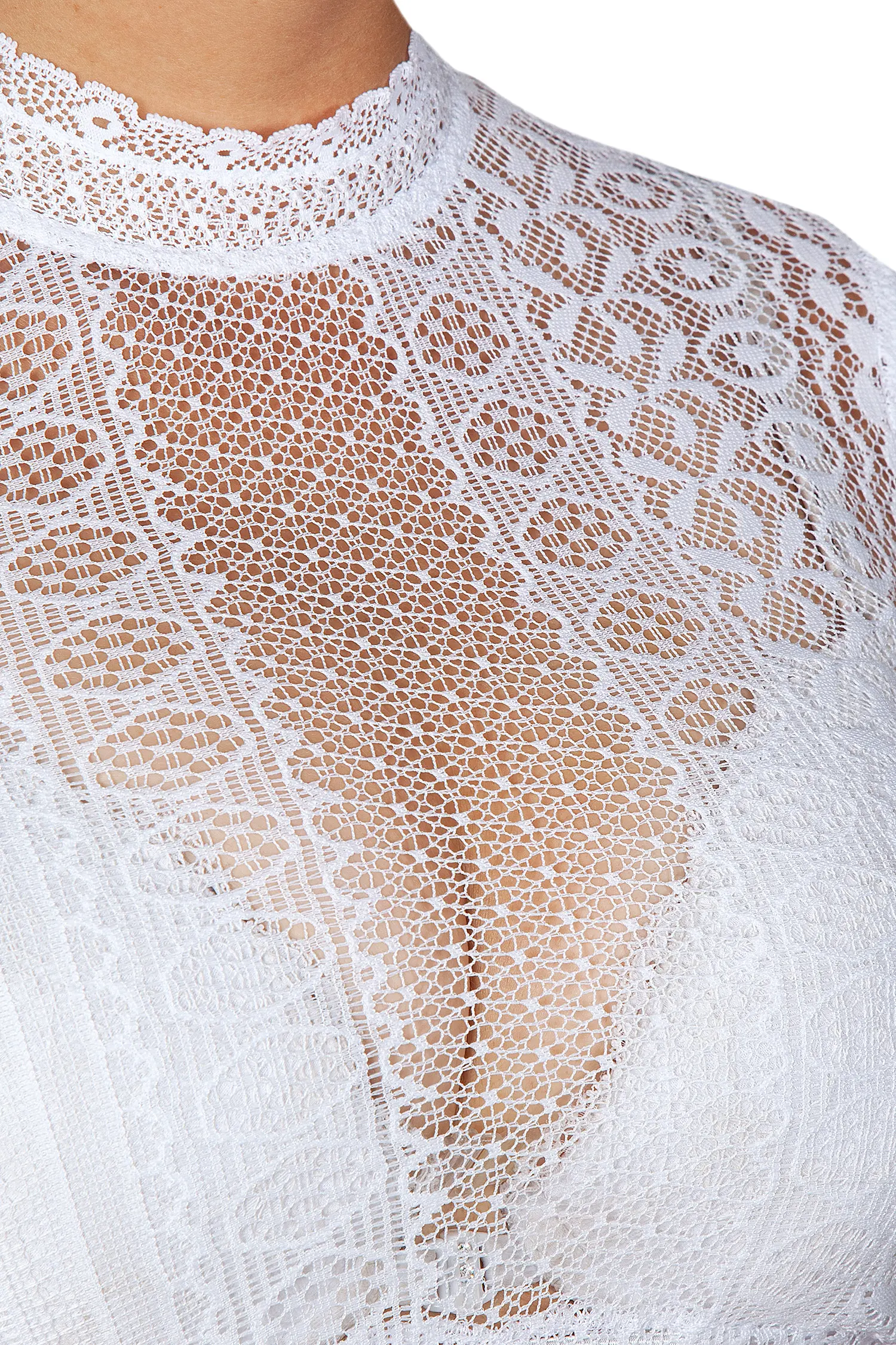 Dirndlbluse hochgeschlossen aus Spitze in weiß - Detail Ausschnitt