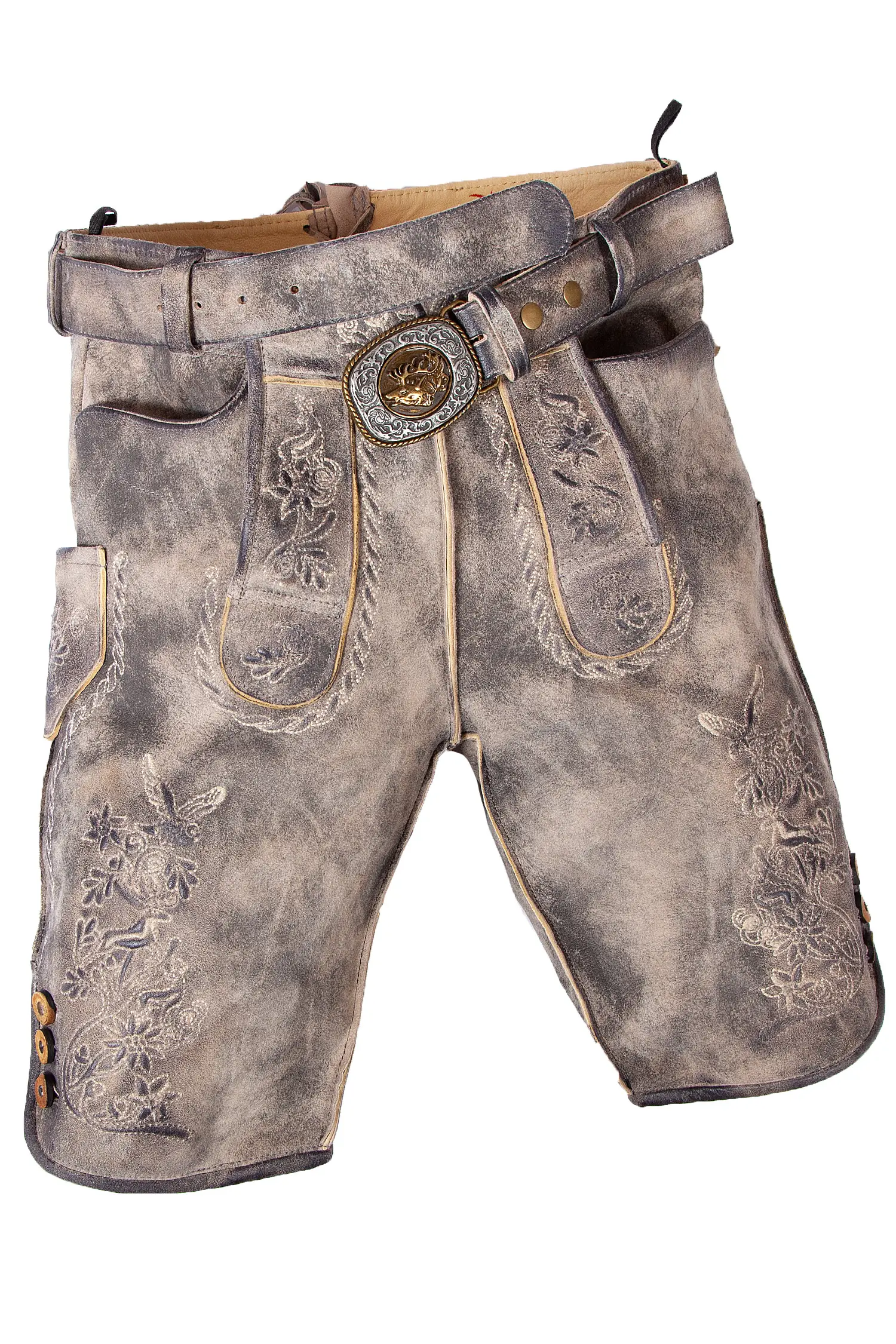 1602-0002-2na-22-06c-0446 Kurze Lederhose Engelbert-Hall in granit mit Gürtel