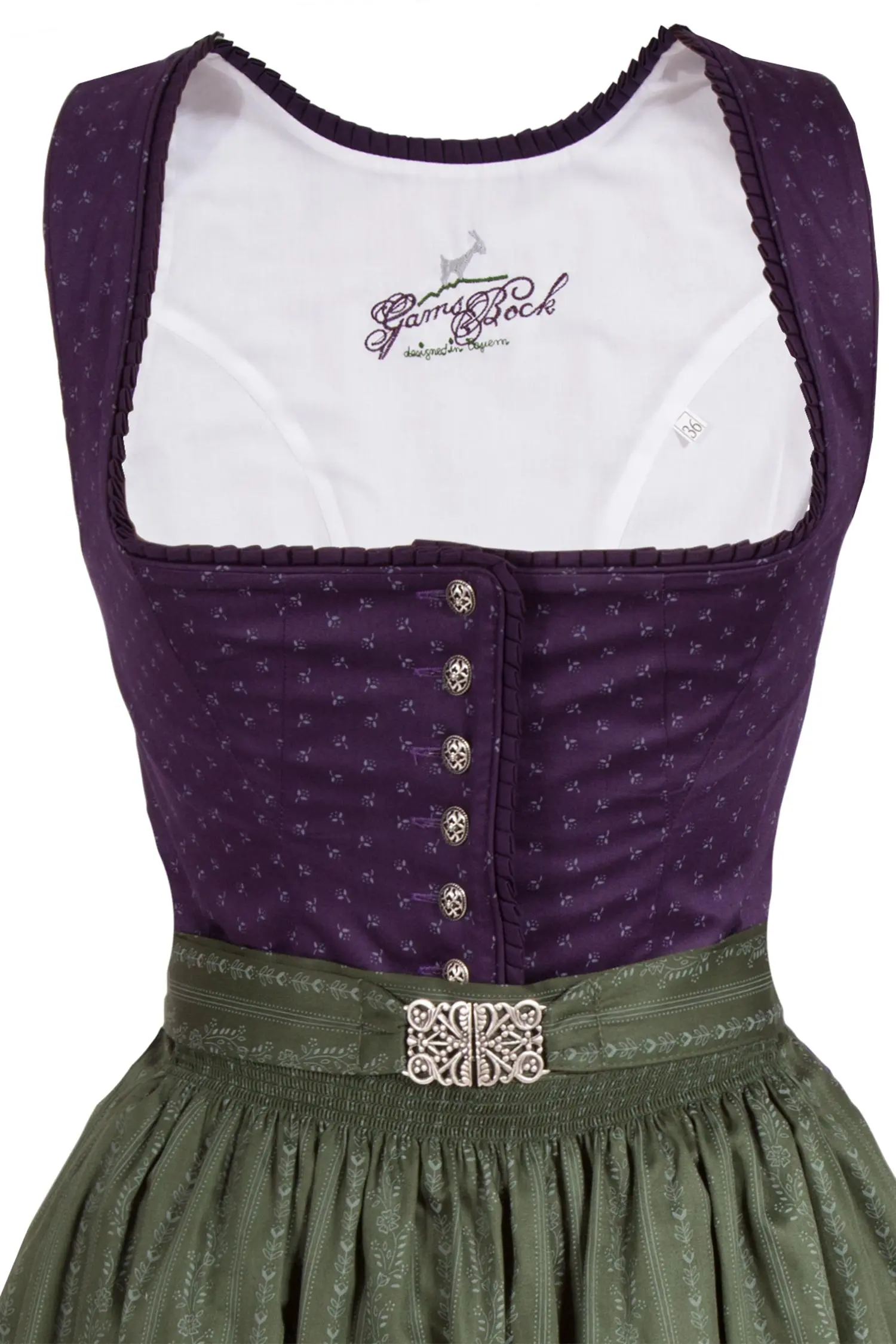 Midi Dirndl Kathi in aubergine und dunkelgrün Mieder