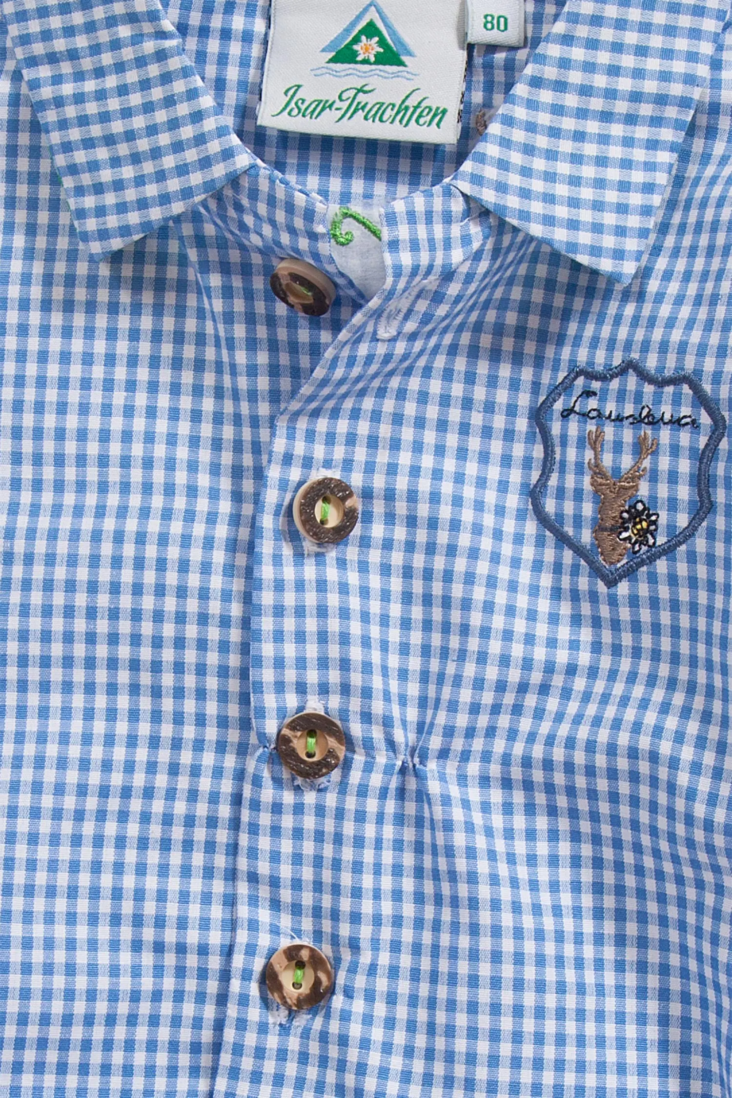 Baby Trachten body als Hemd Body in blau kariert Detail